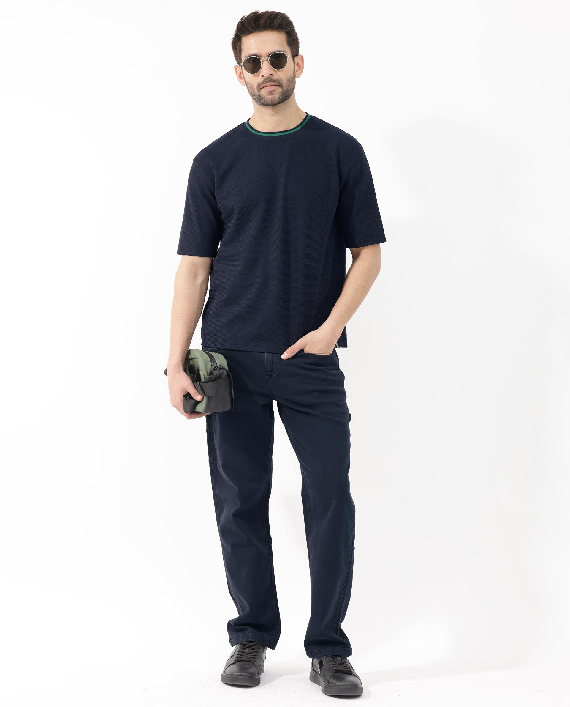 Rare Rabbit Men's Adiso-1 Navy Cotton Blend Fabric Short Sleeve Crew Neck Oversized Fit Plain T-Shirt