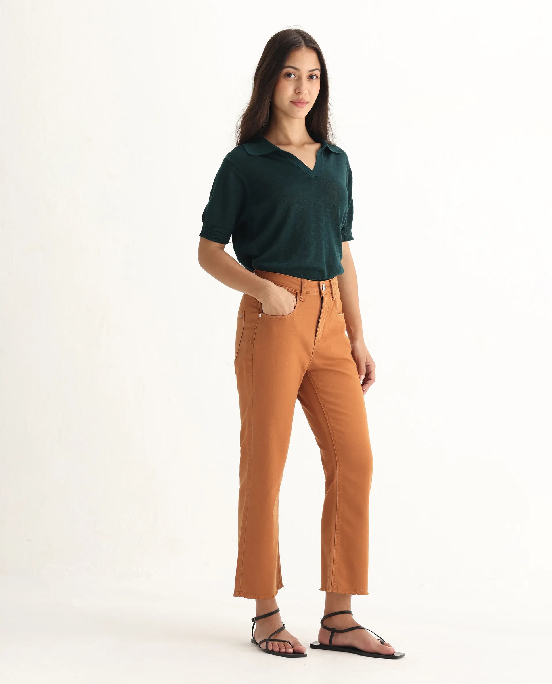 Rareism Women's Admiral Rust Cotton Blend Plain Ankle Length Regular Fit Jeans