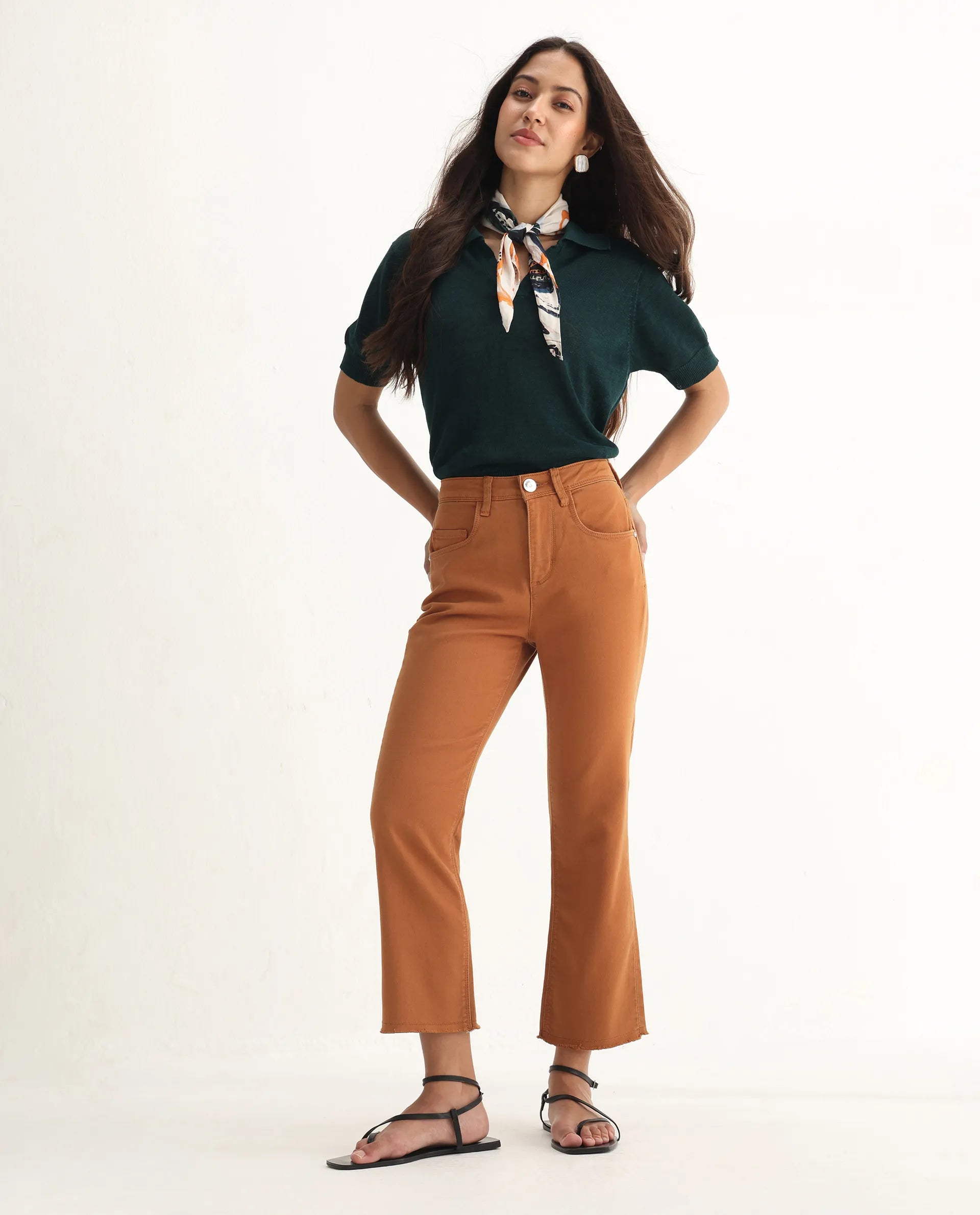 Rareism Women's Admiral Rust Cotton Blend Plain Ankle Length Regular Fit Jeans