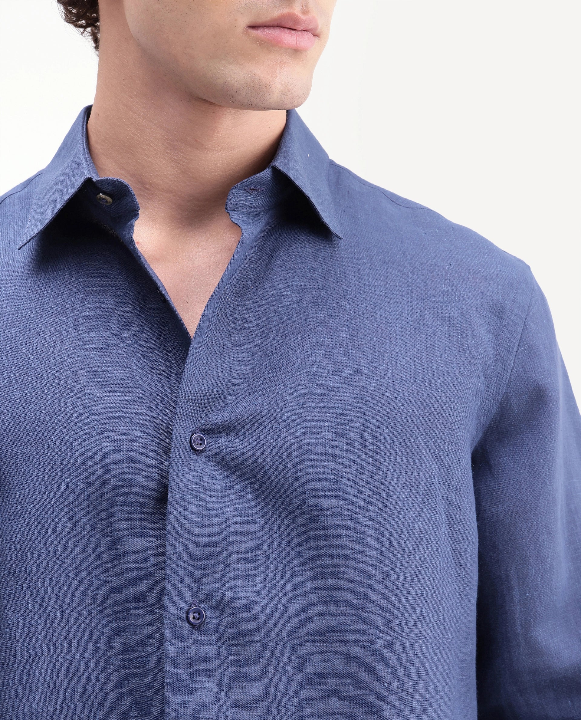 Rare Rabbit Men's Aeri-Fs Primary Blue Linen Blend Fabric Full Sleeve Spread Collar Button Regular Plain Shirt