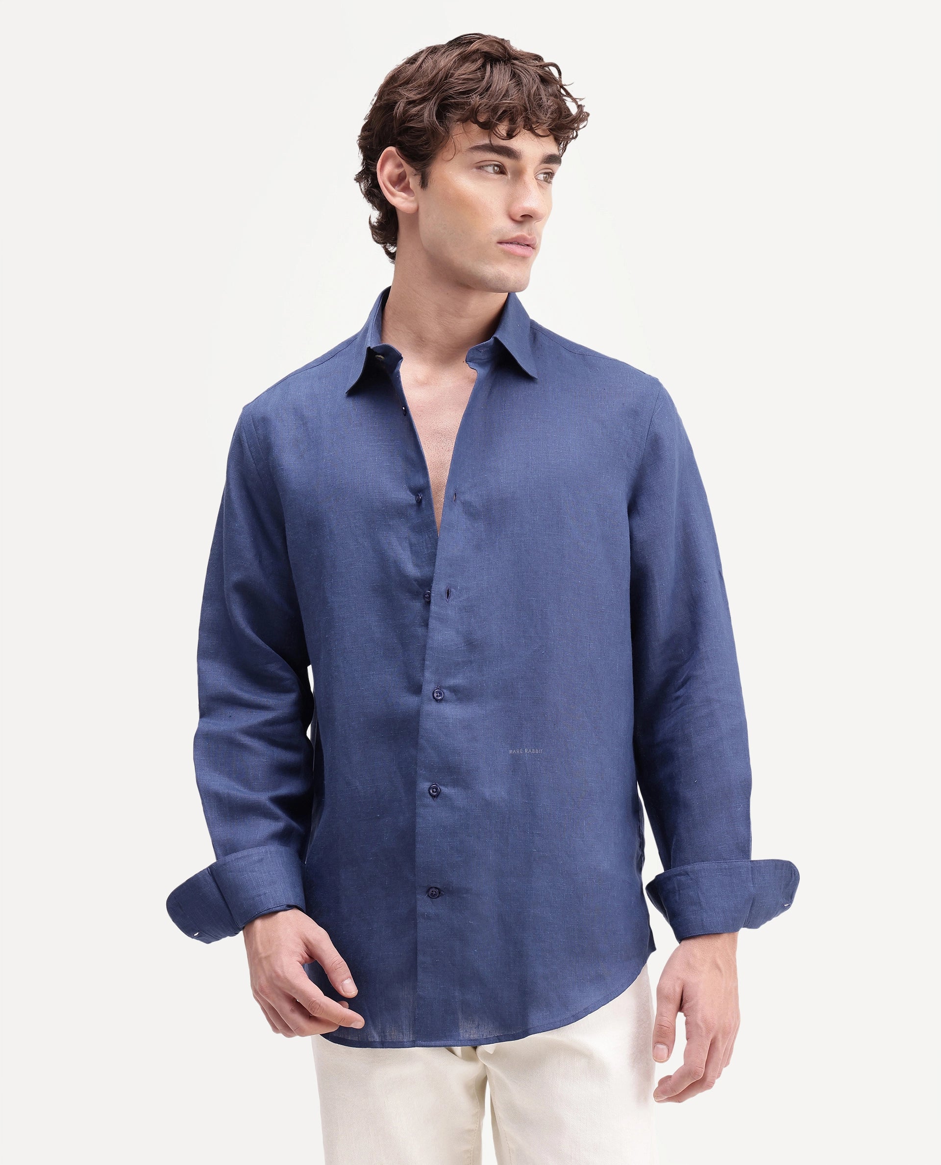 Rare Rabbit Men's Aeri-Fs Primary Blue Linen Blend Fabric Full Sleeve Spread Collar Button Regular Plain Shirt