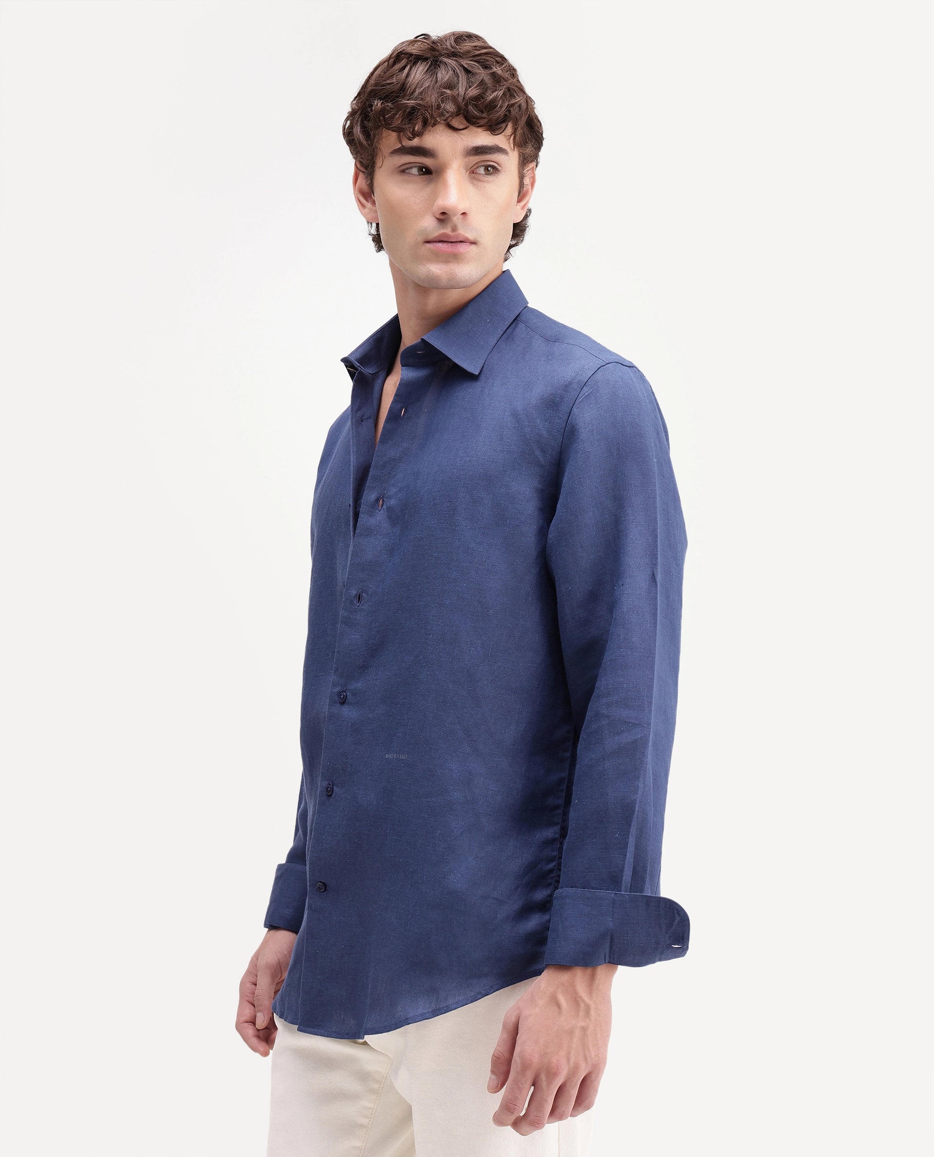 Rare Rabbit Men's Aeri-Fs Primary Blue Linen Blend Fabric Full Sleeve Spread Collar Button Regular Plain Shirt