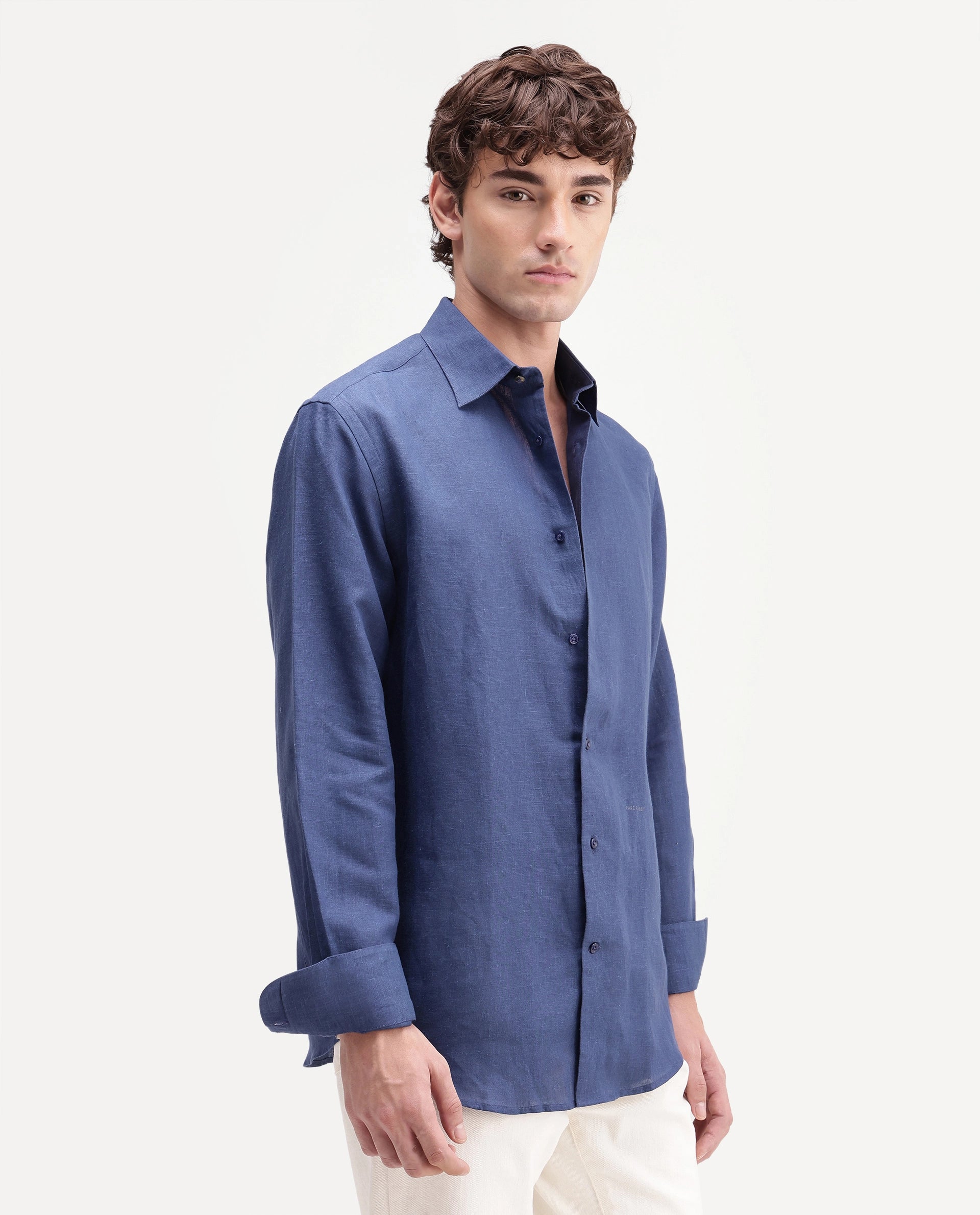 Rare Rabbit Men's Aeri-Fs Primary Blue Linen Blend Fabric Full Sleeve Spread Collar Button Regular Plain Shirt