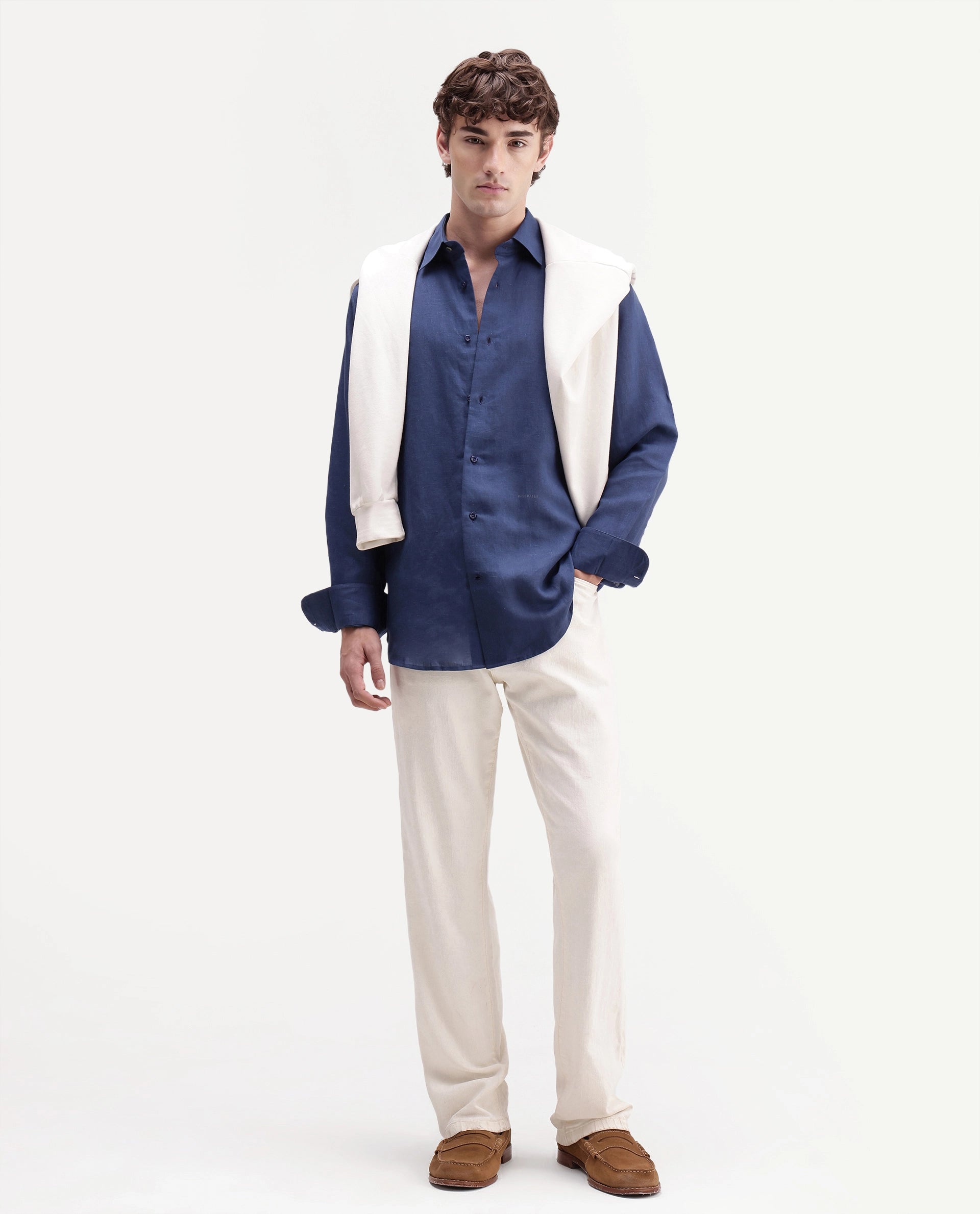 Rare Rabbit Men's Aeri-Fs Primary Blue Linen Blend Fabric Full Sleeve Spread Collar Button Regular Plain Shirt