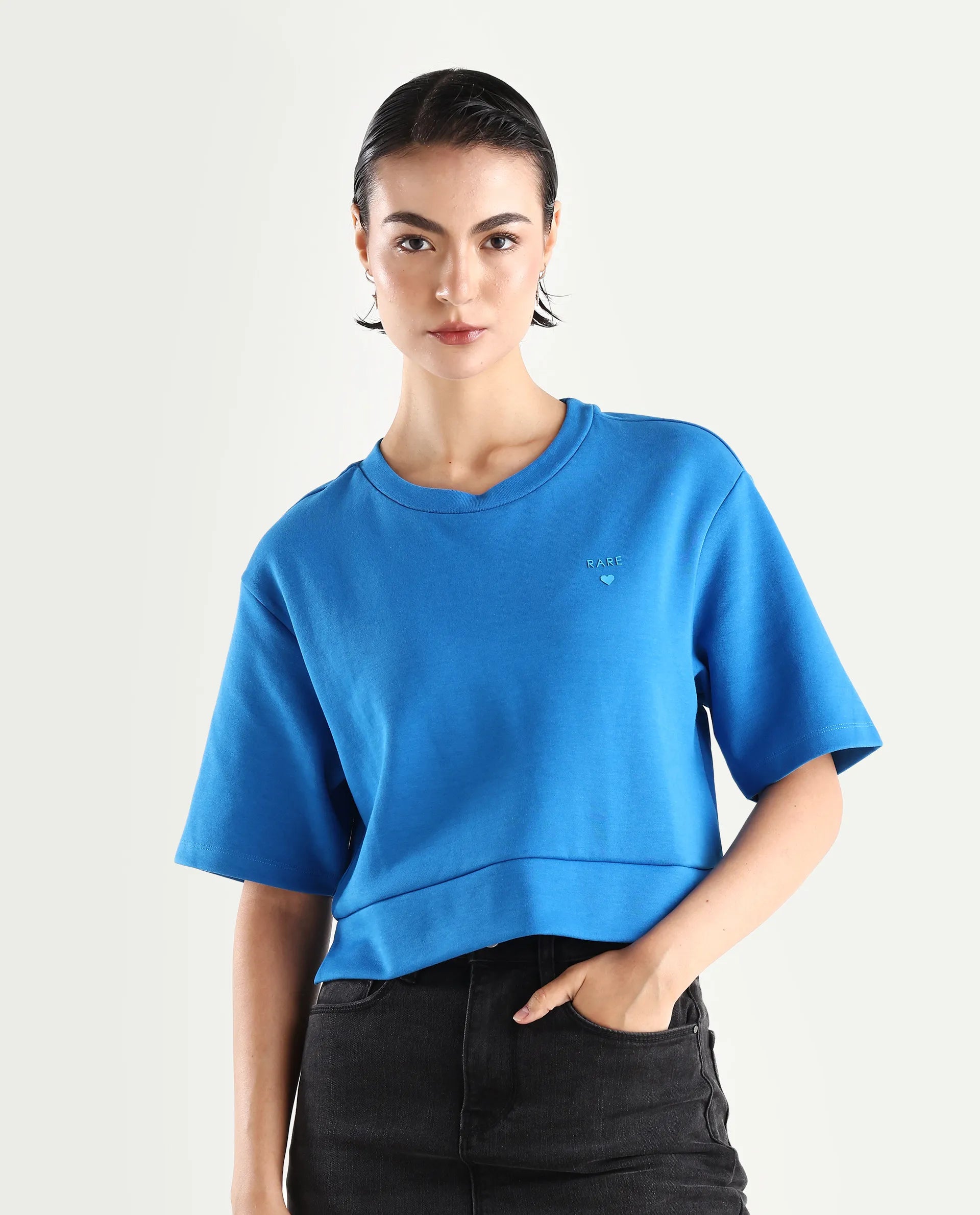 Rareism Women's Afrib Blue Cotton Blend Crew Neck Plain Crop Regular Fit T-Shirt
