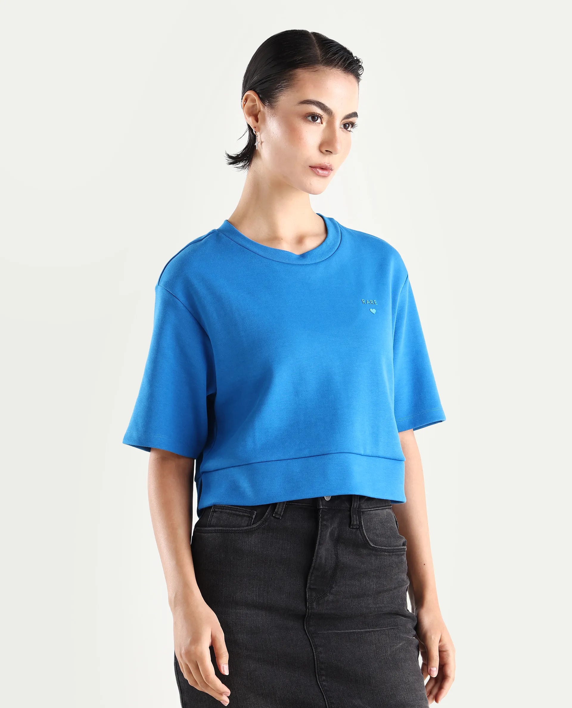 Rareism Women's Afrib Blue Cotton Blend Crew Neck Plain Crop Regular Fit T-Shirt