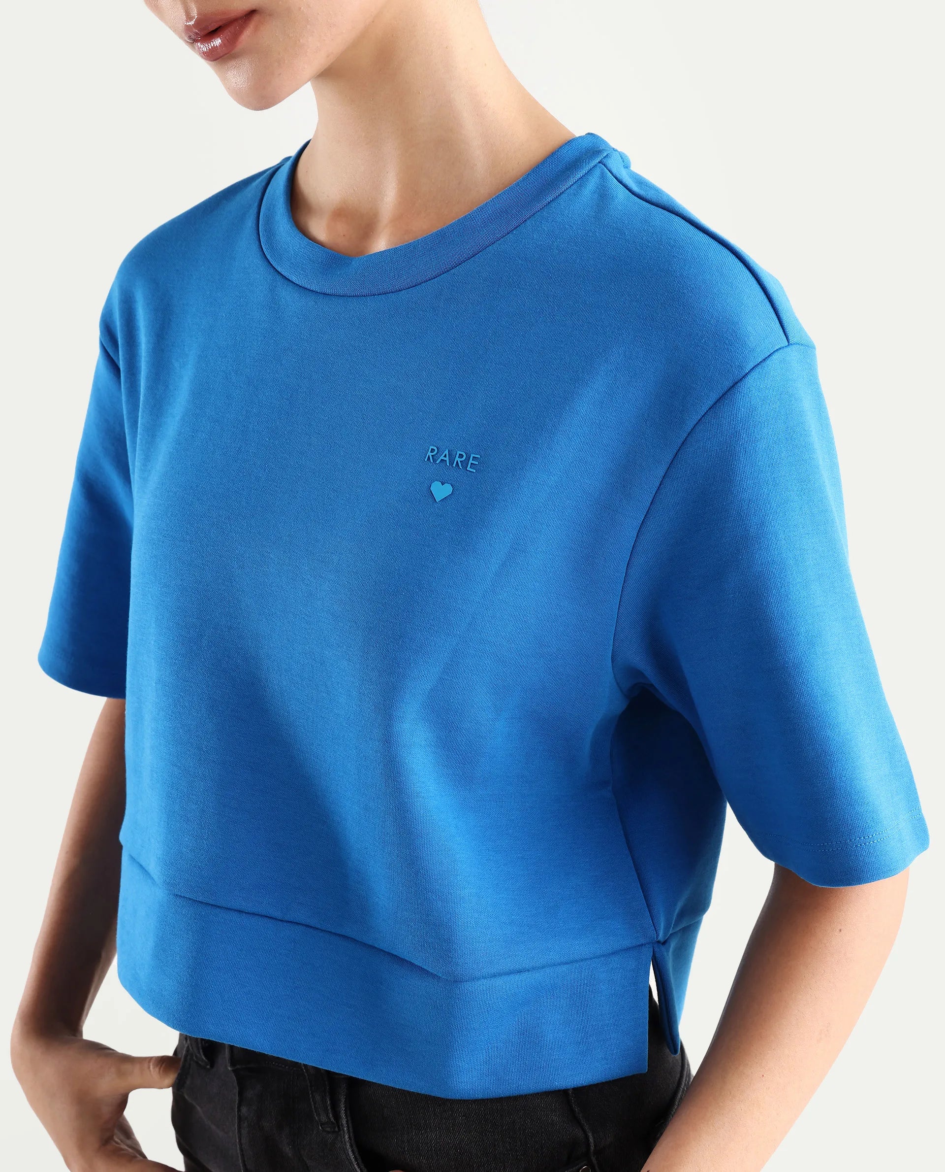 Rareism Women's Afrib Blue Cotton Blend Crew Neck Plain Crop Regular Fit T-Shirt