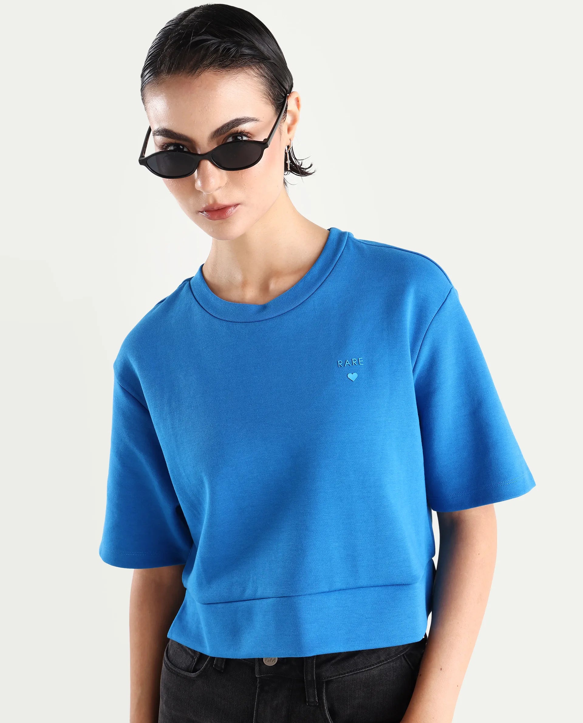 Rareism Women's Afrib Blue Cotton Blend Crew Neck Plain Crop Regular Fit T-Shirt