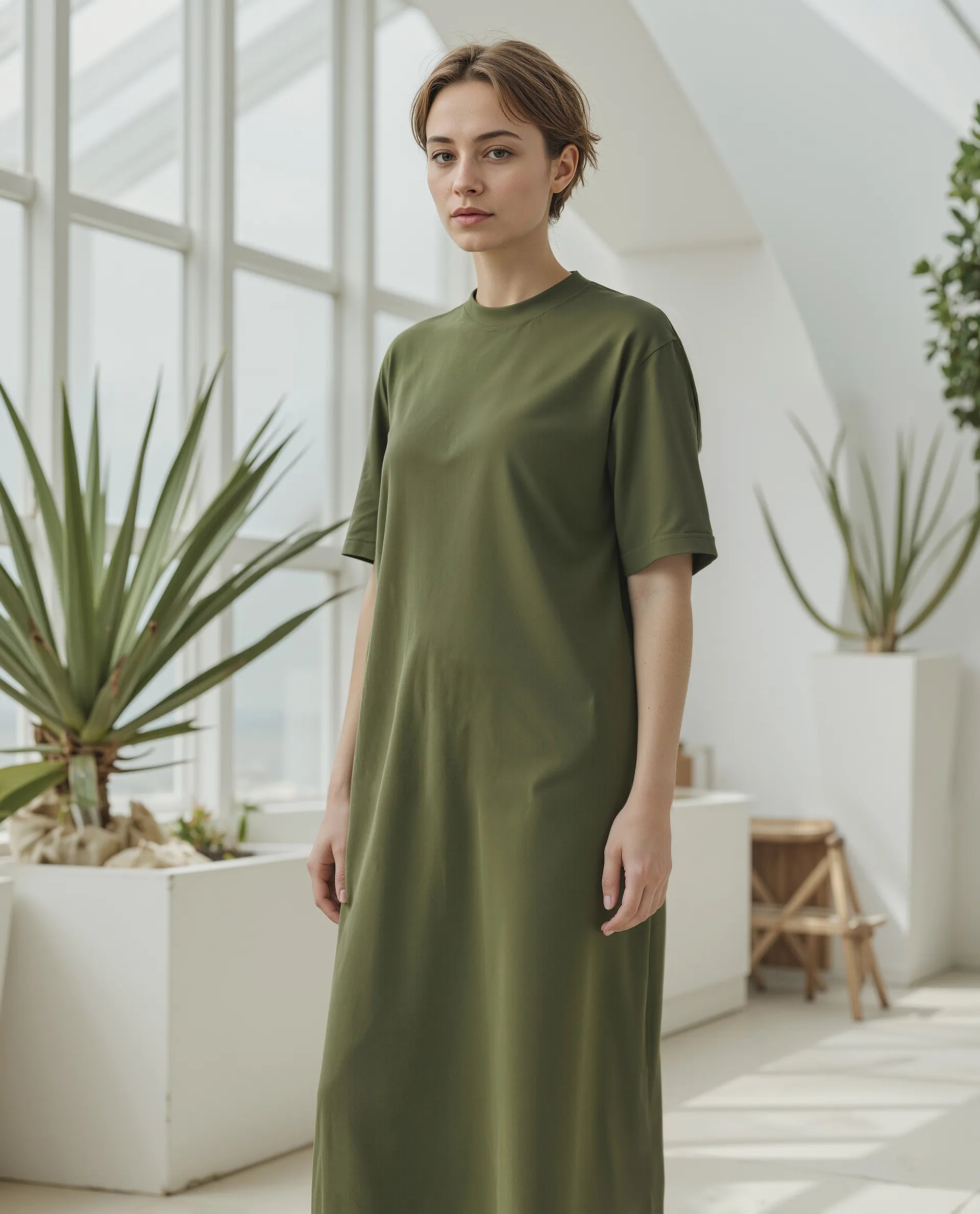 Rareism Women's Afrinca Olive Cotton Blend Crew Neck Plain Maxi Relaxed Fit Dress