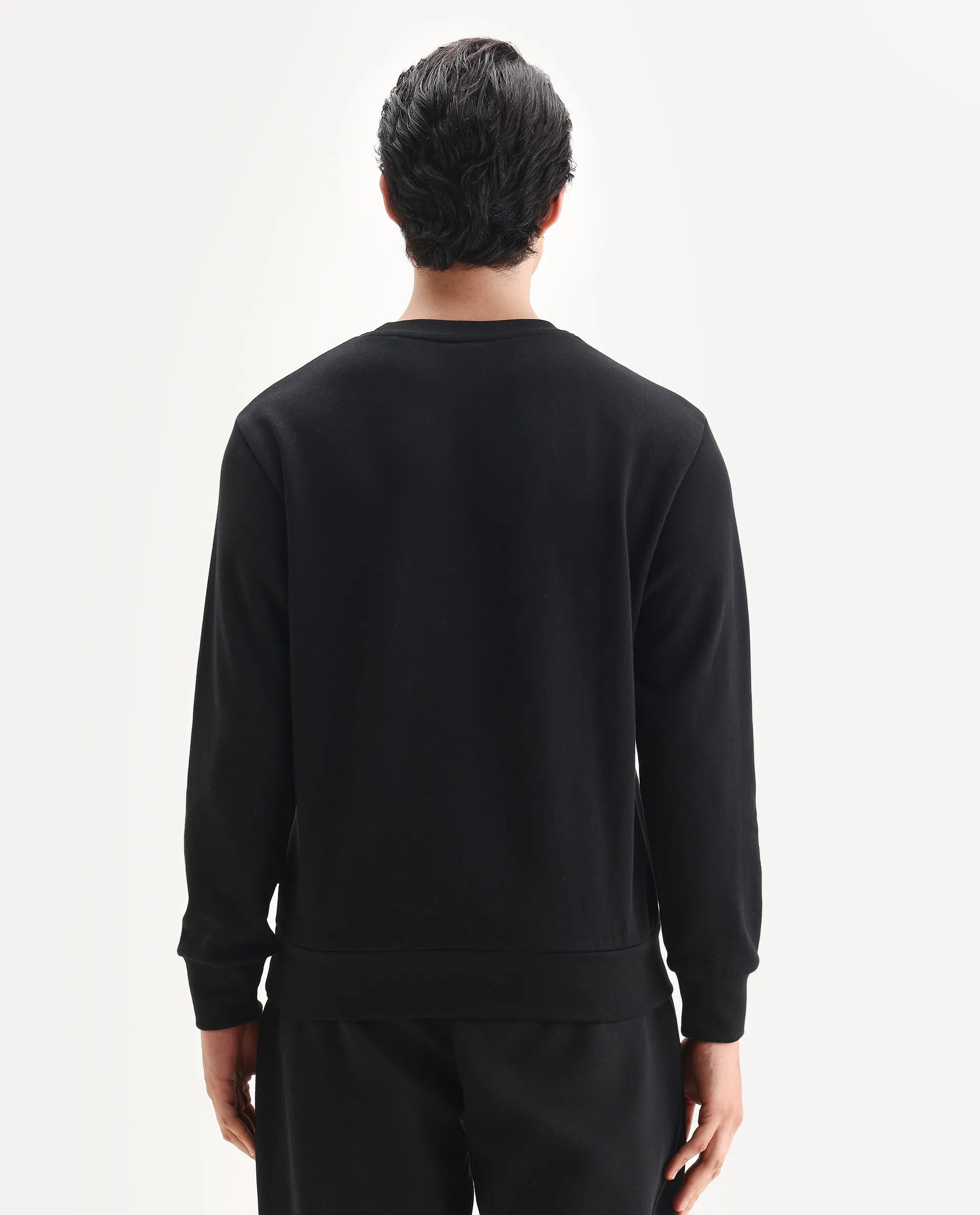 Rare Rabbit Men's Agon Black Rayon Blend Fabric Full Sleeves Crew Neck Badge Print Sweatshirt