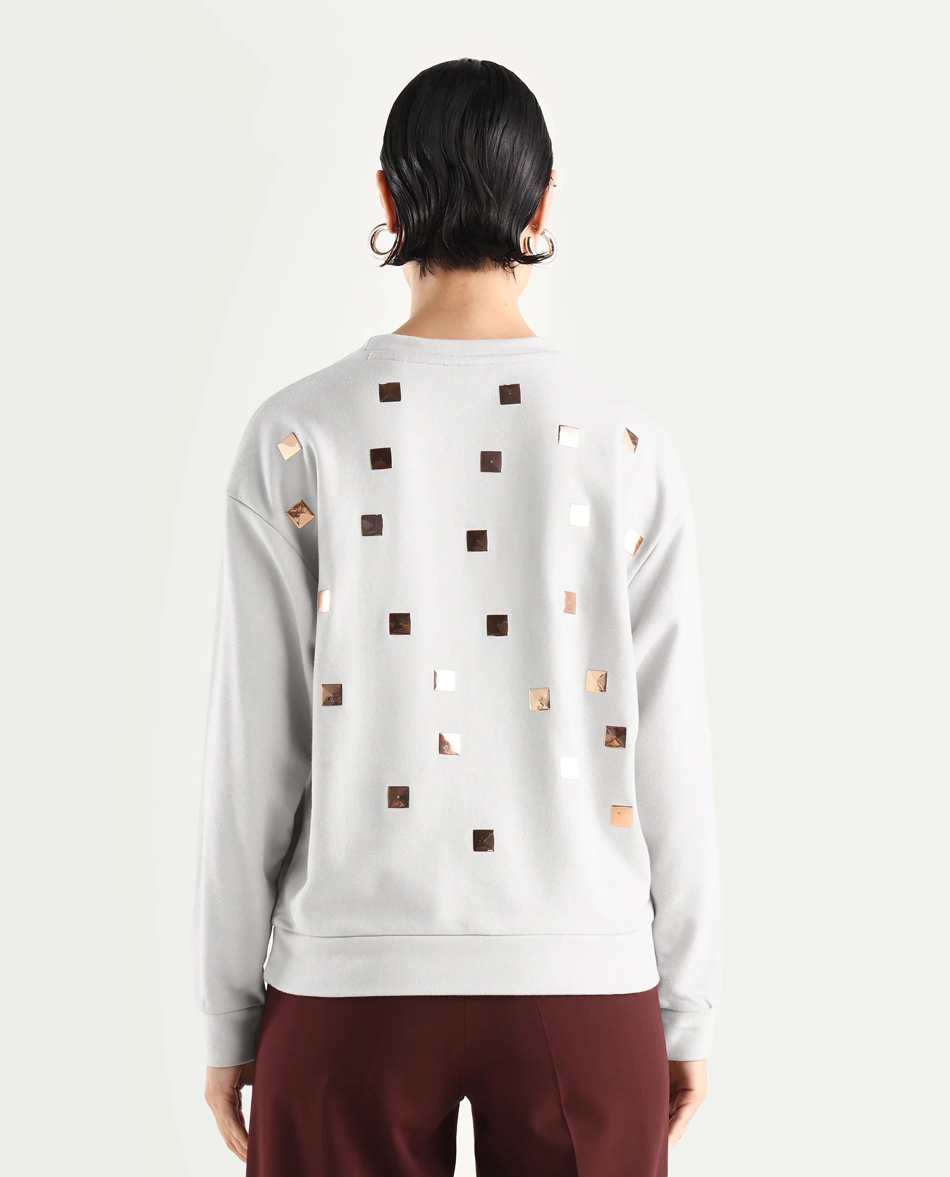 Rareism Women's Aimee Light Grey Polyester Blend Crew Neck Plain Boxy Fit Sweatshirt