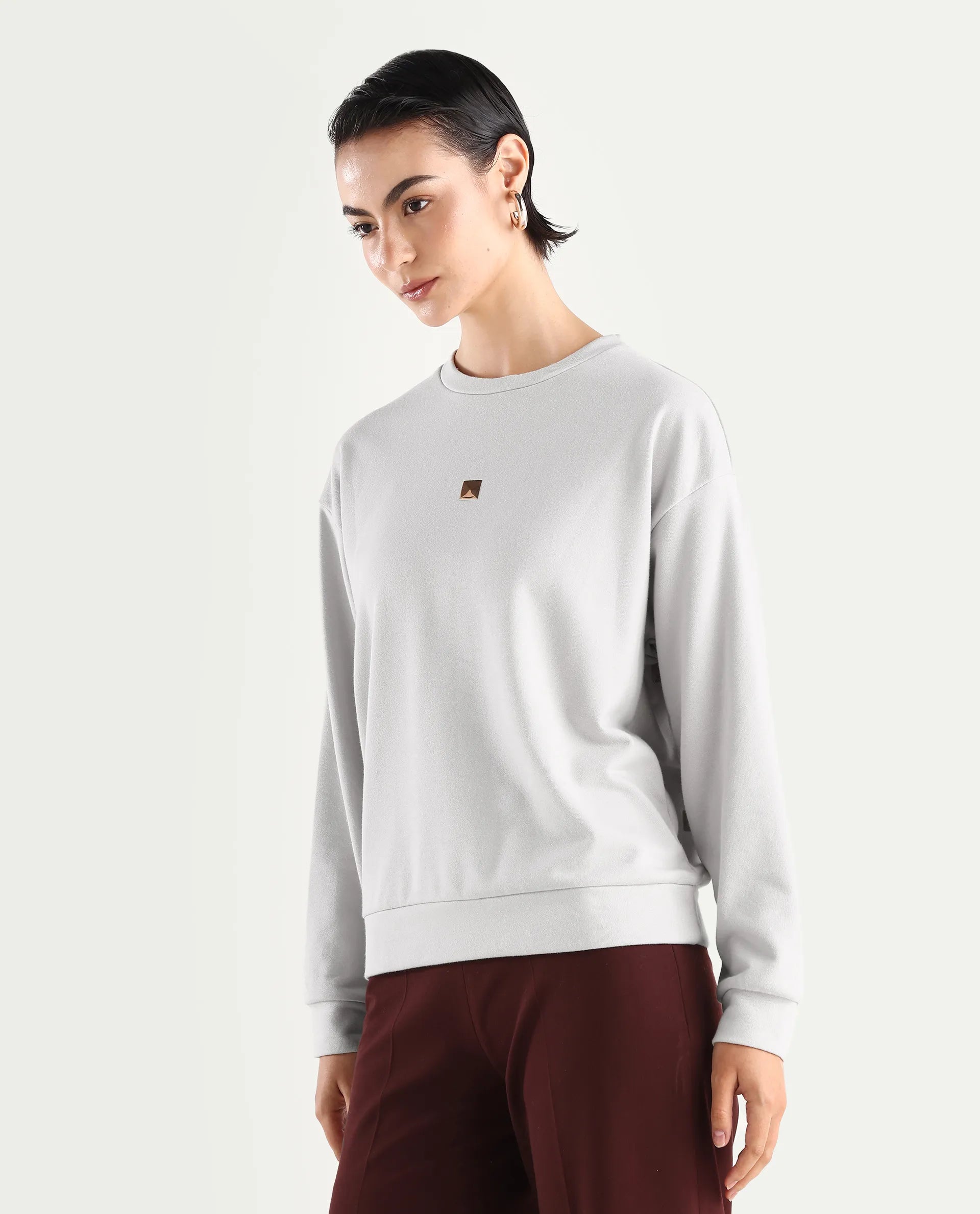 Rareism Women's Aimee Light Grey Polyester Blend Crew Neck Plain Boxy Fit Sweatshirt
