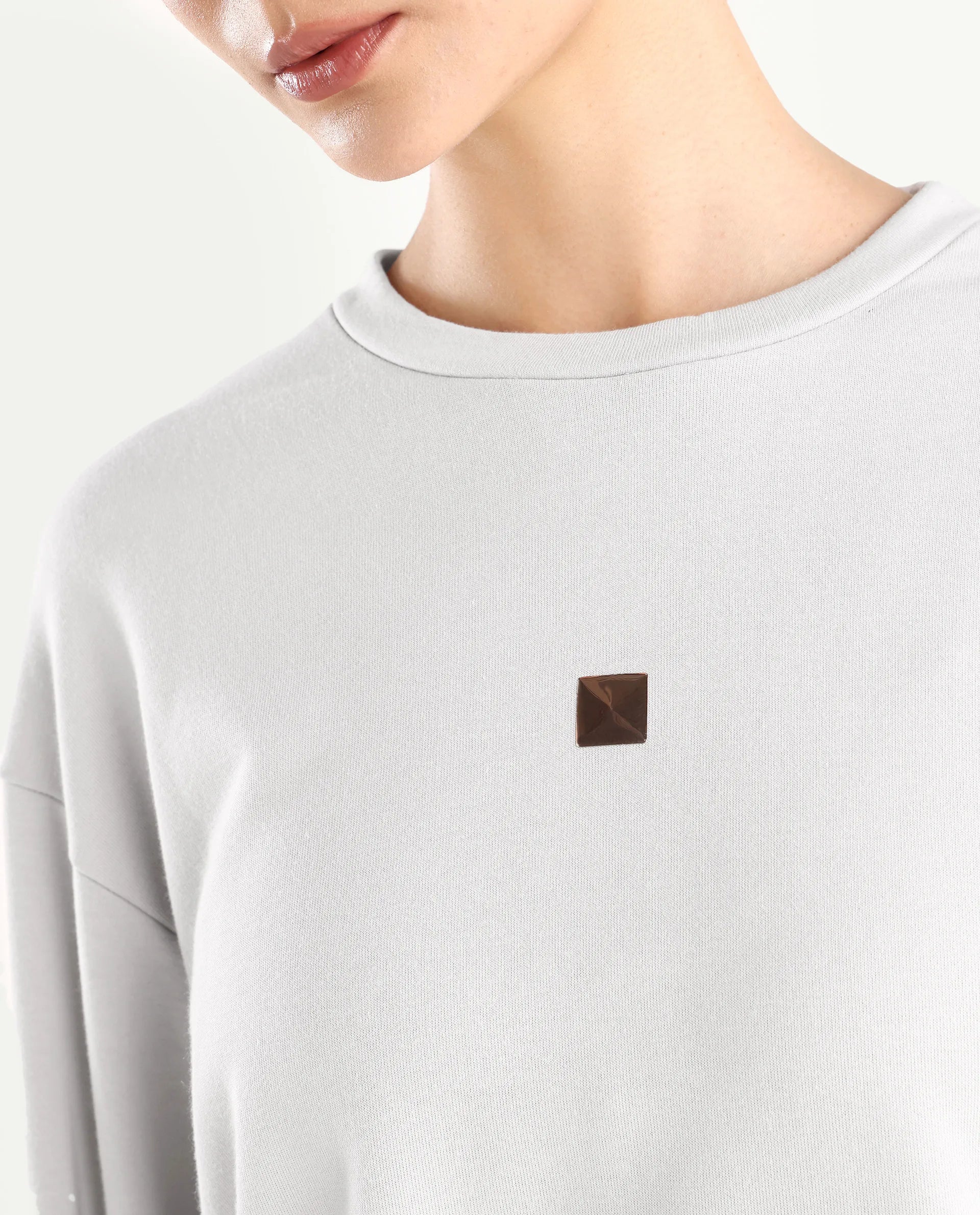 Rareism Women's Aimee Light Grey Polyester Blend Crew Neck Plain Boxy Fit Sweatshirt