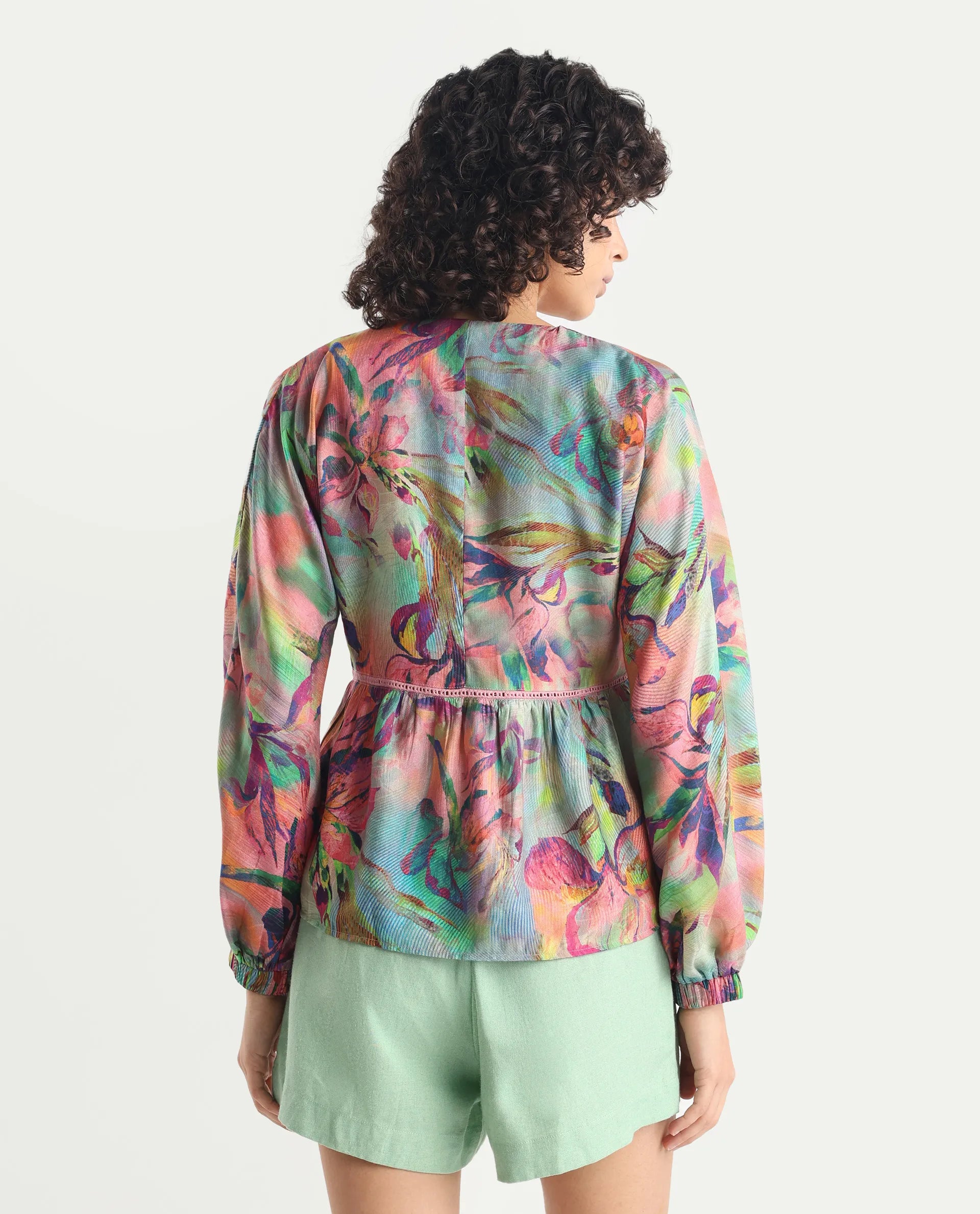 Rareism Women's Ajax Multi Viscose Blend V-Neck Floral Print Bishop Sleeve Regular Fit Top