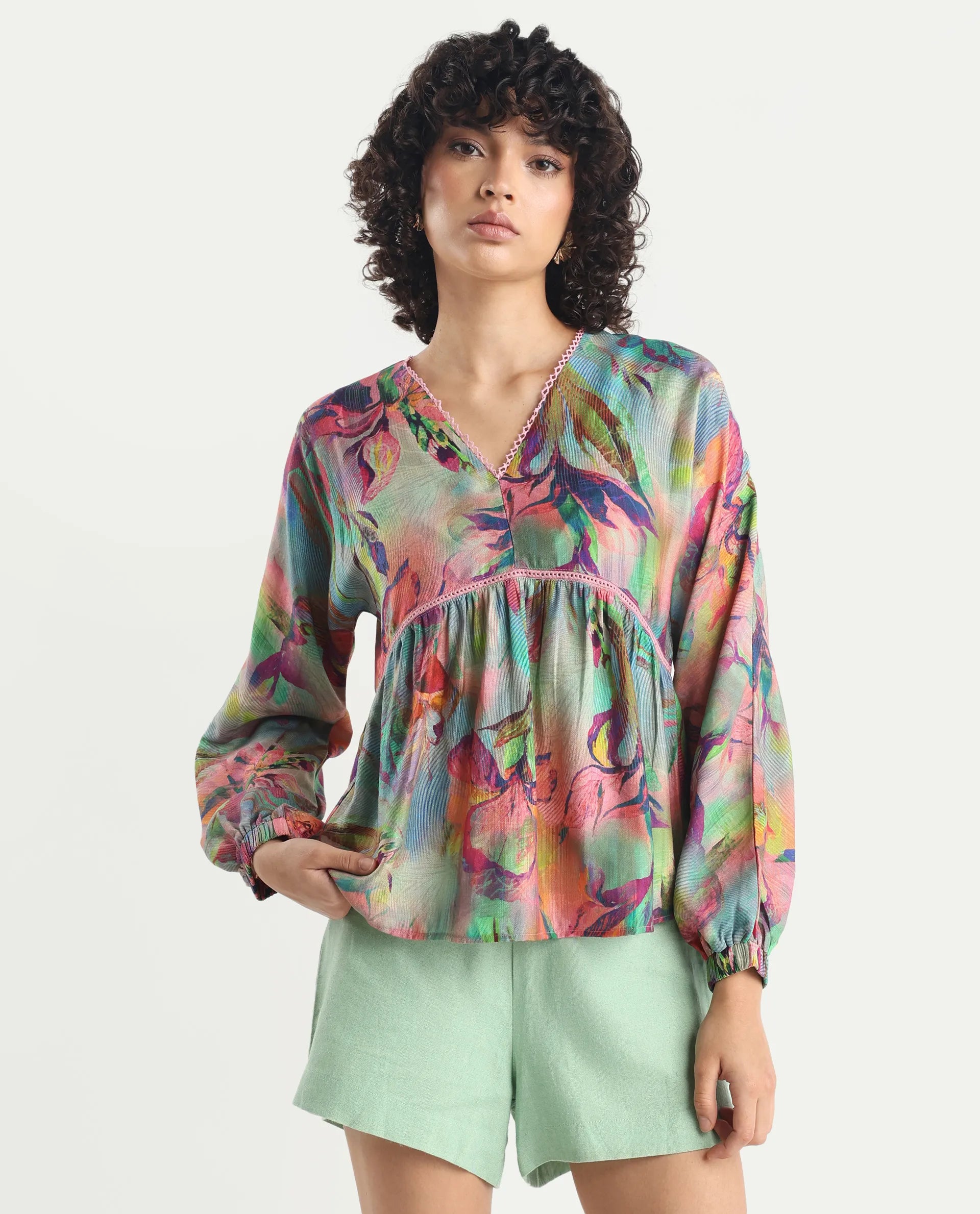 Rareism Women's Ajax Multi Viscose Blend V-Neck Floral Print Bishop Sleeve Regular Fit Top