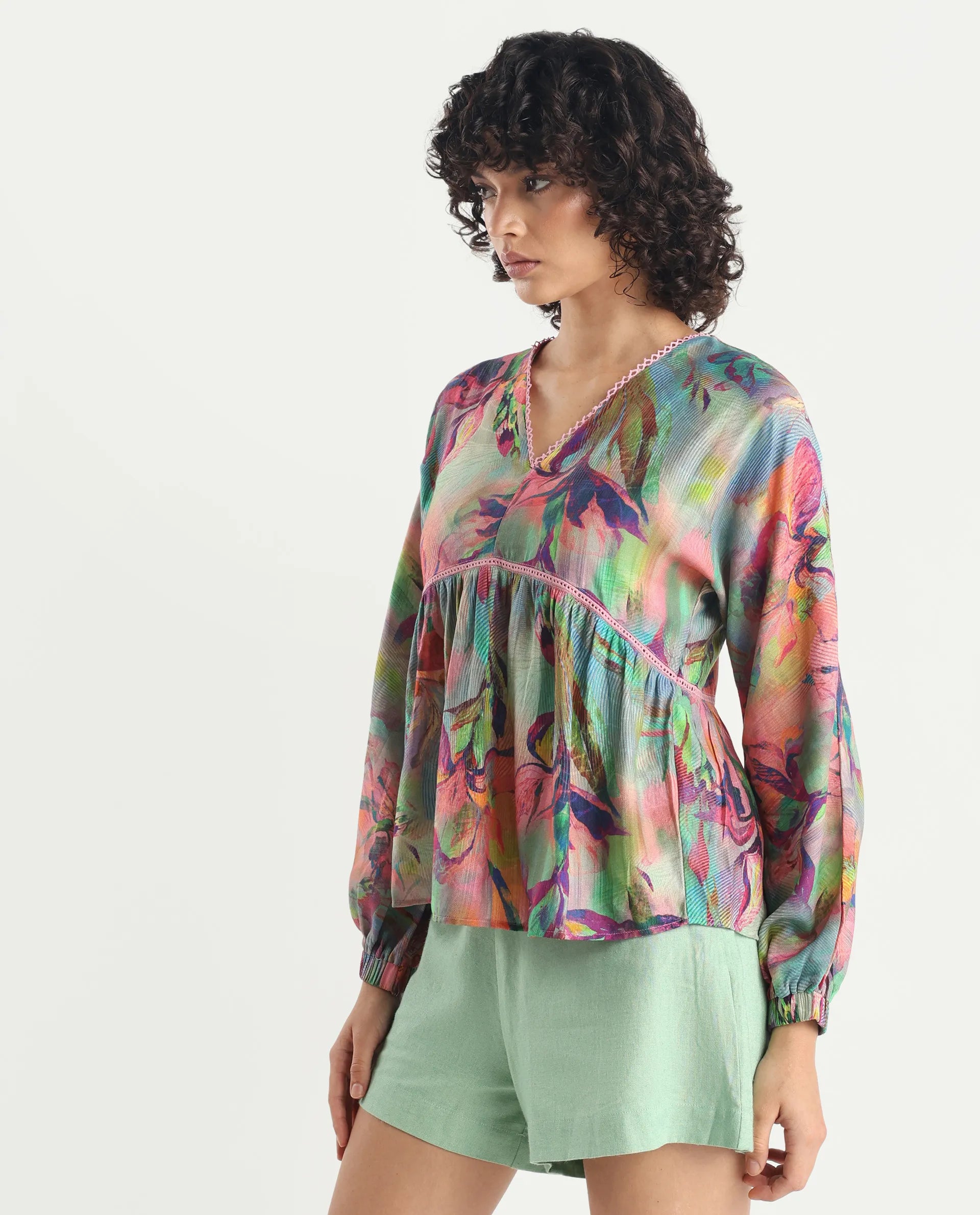 Rareism Women's Ajax Multi Viscose Blend V-Neck Floral Print Bishop Sleeve Regular Fit Top