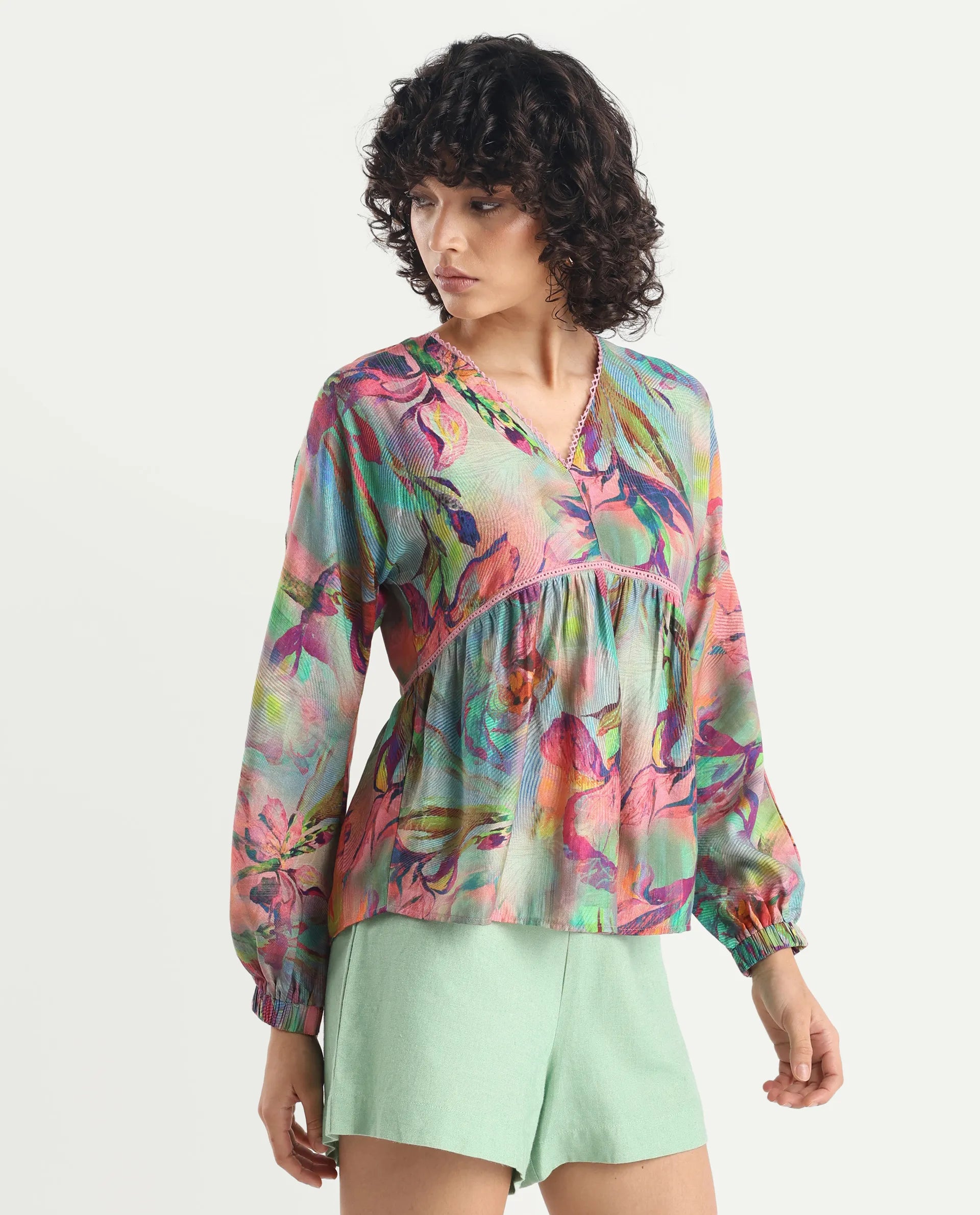 Rareism Women's Ajax Multi Viscose Blend V-Neck Floral Print Bishop Sleeve Regular Fit Top