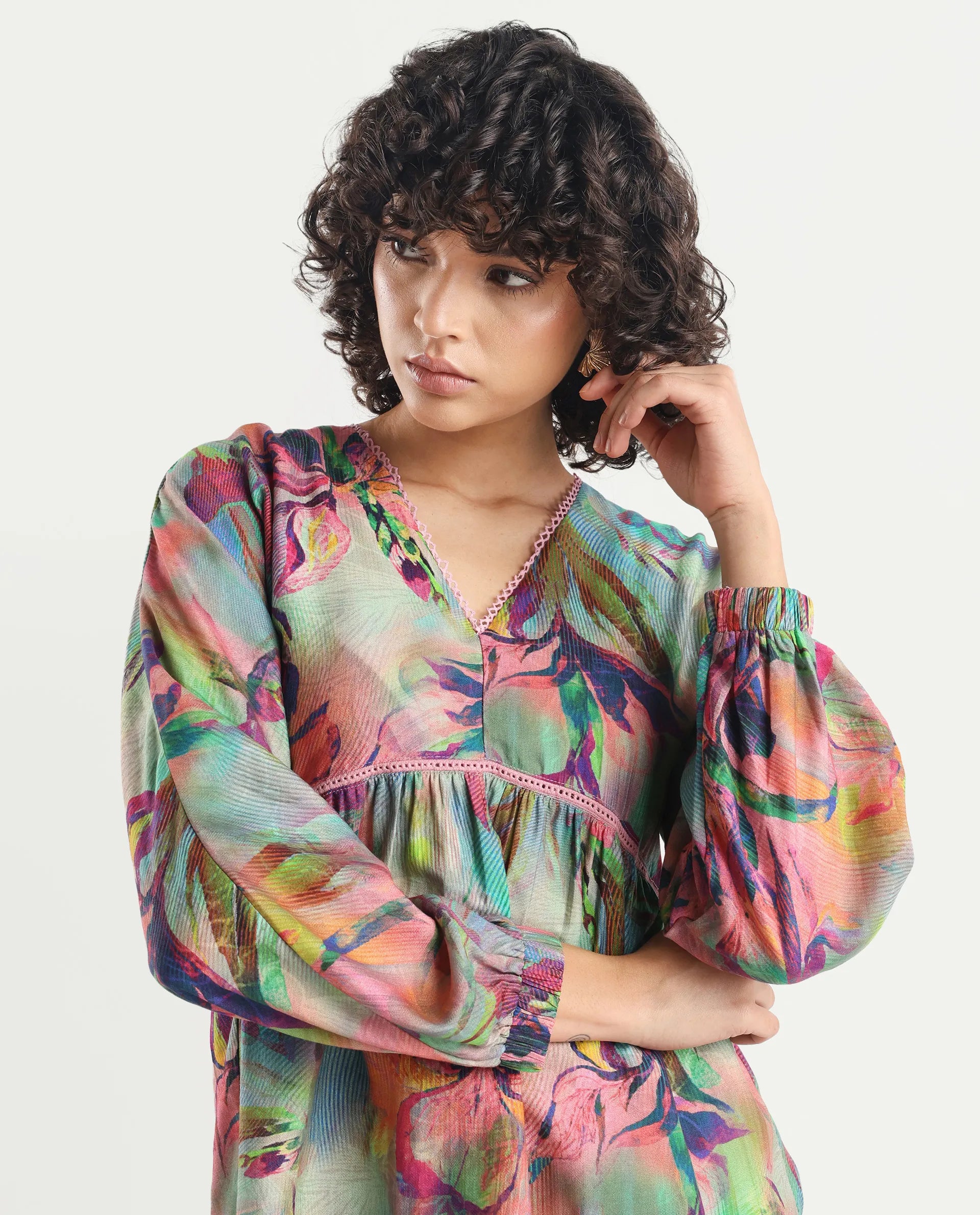 Rareism Women's Ajax Multi Viscose Blend V-Neck Floral Print Bishop Sleeve Regular Fit Top
