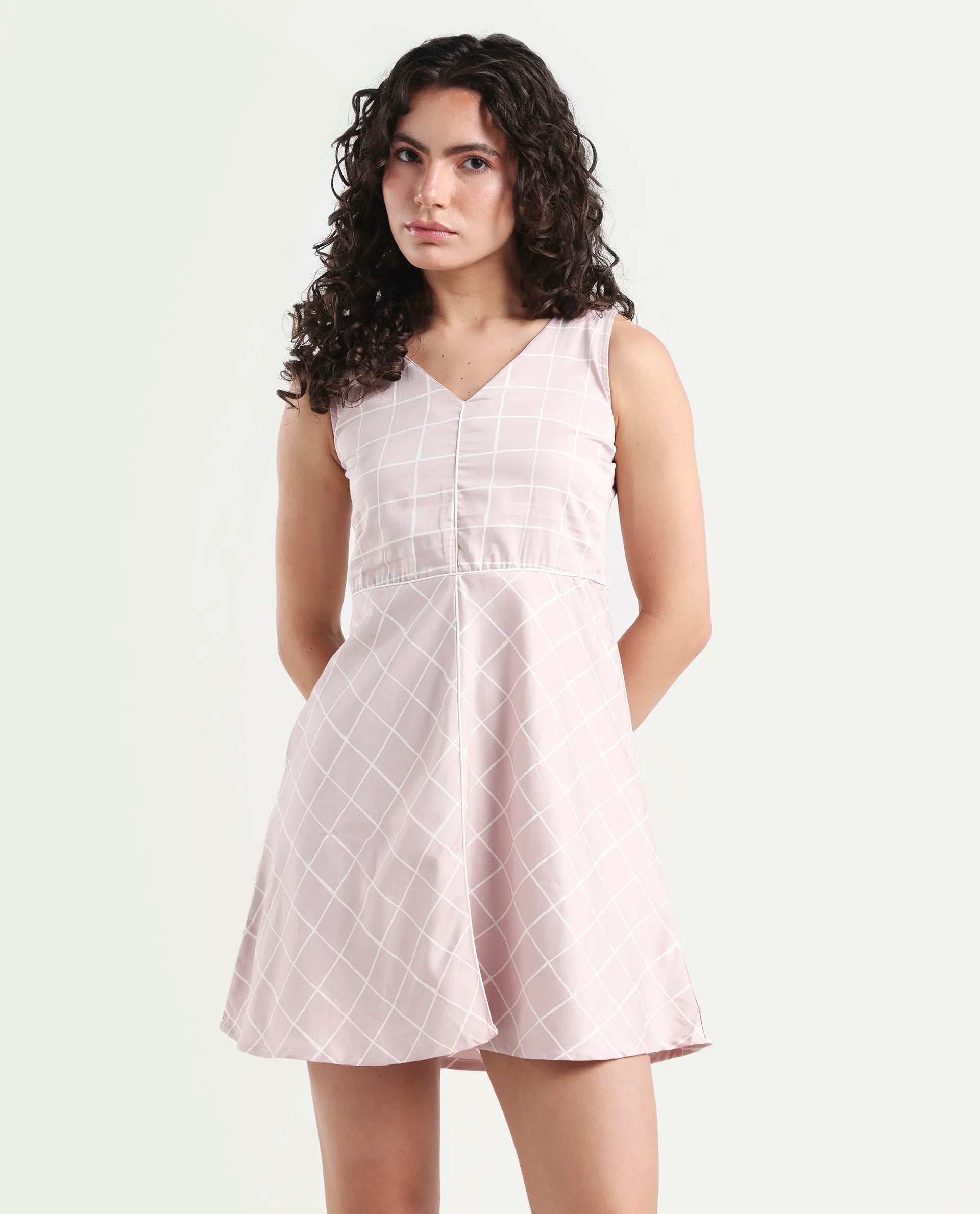 Rareism Women's Akal Pink Cotton Blend V-Neck Checked Sleeveless Mini Regular Fit Dress
