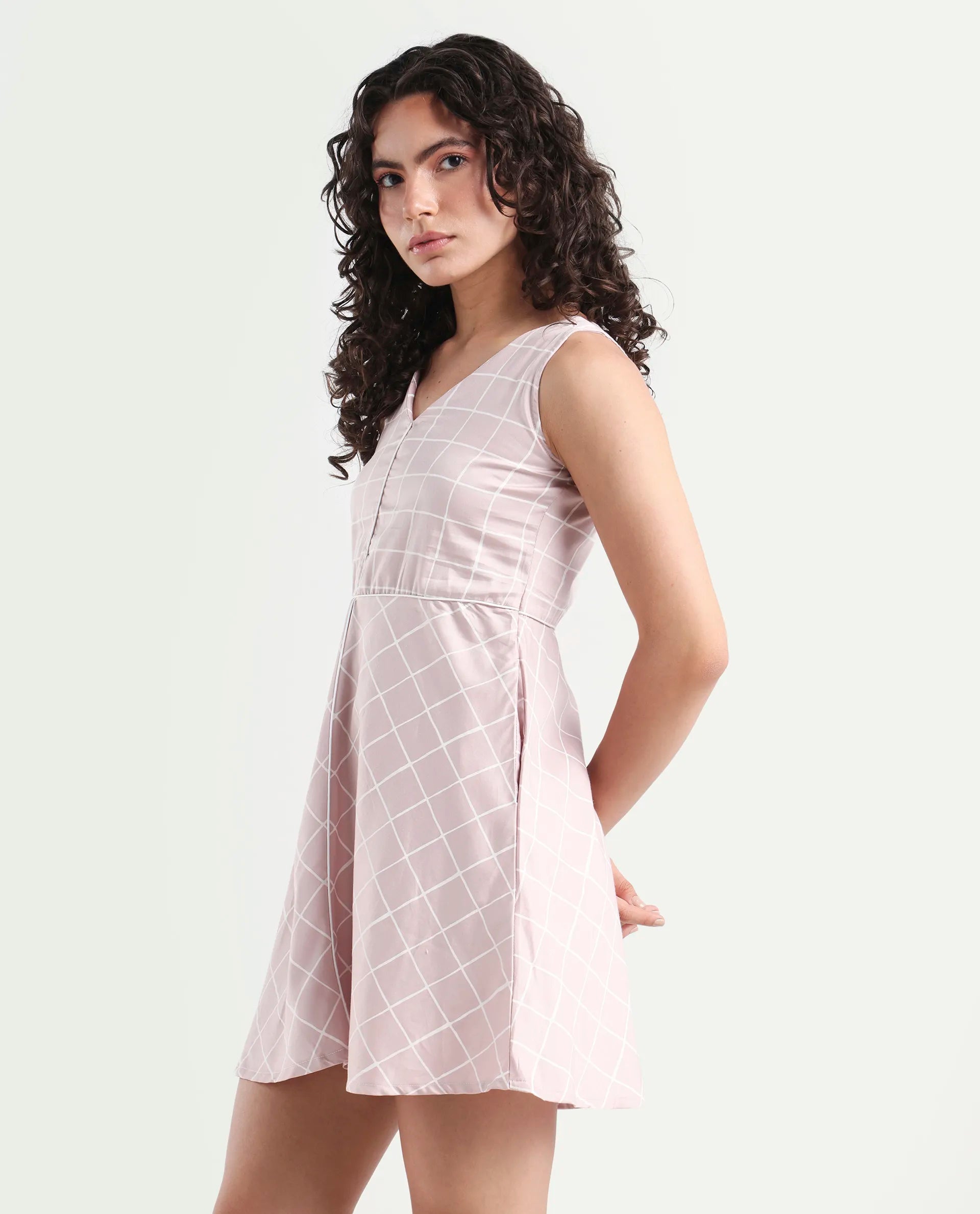 Rareism Women's Akal Pink Cotton Blend V-Neck Checked Sleeveless Mini Regular Fit Dress