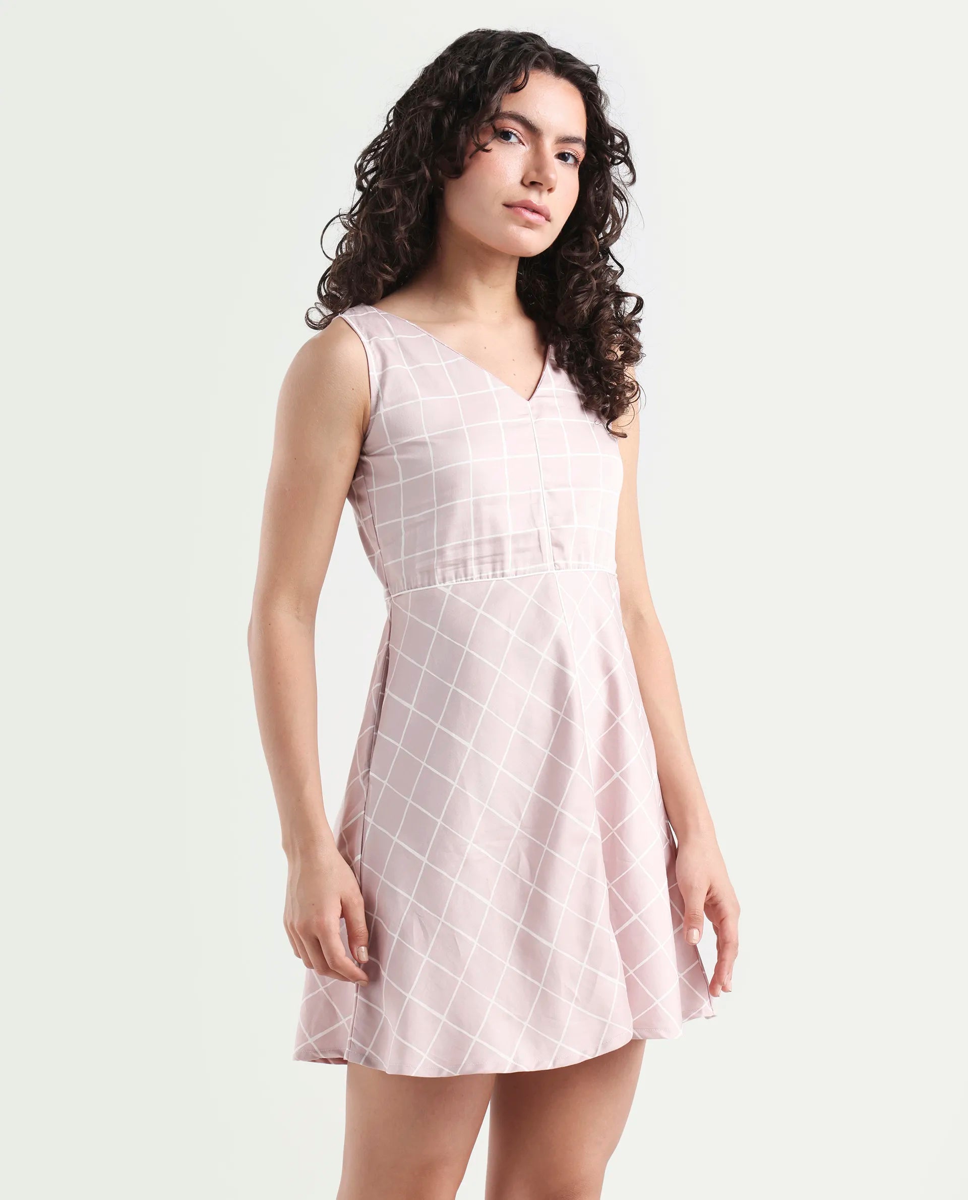 Rareism Women's Akal Pink Cotton Blend V-Neck Checked Sleeveless Mini Regular Fit Dress