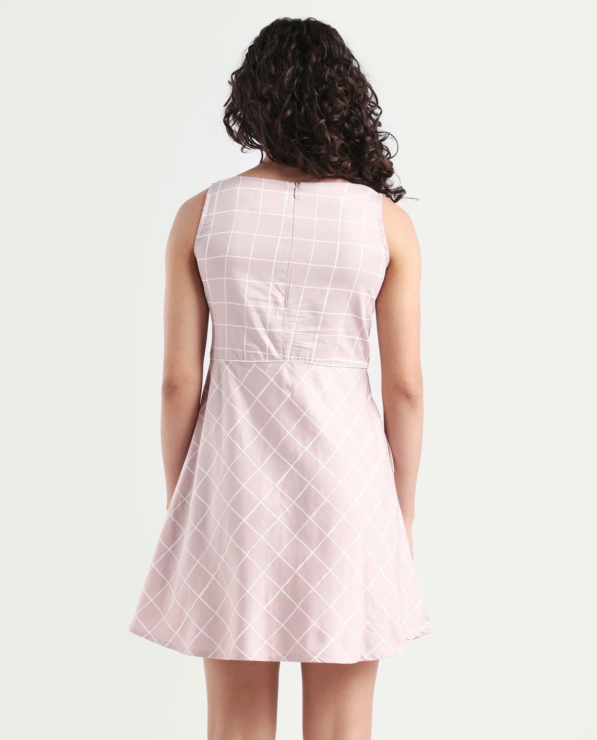 Rareism Women's Akal Pink Cotton Blend V-Neck Checked Sleeveless Mini Regular Fit Dress