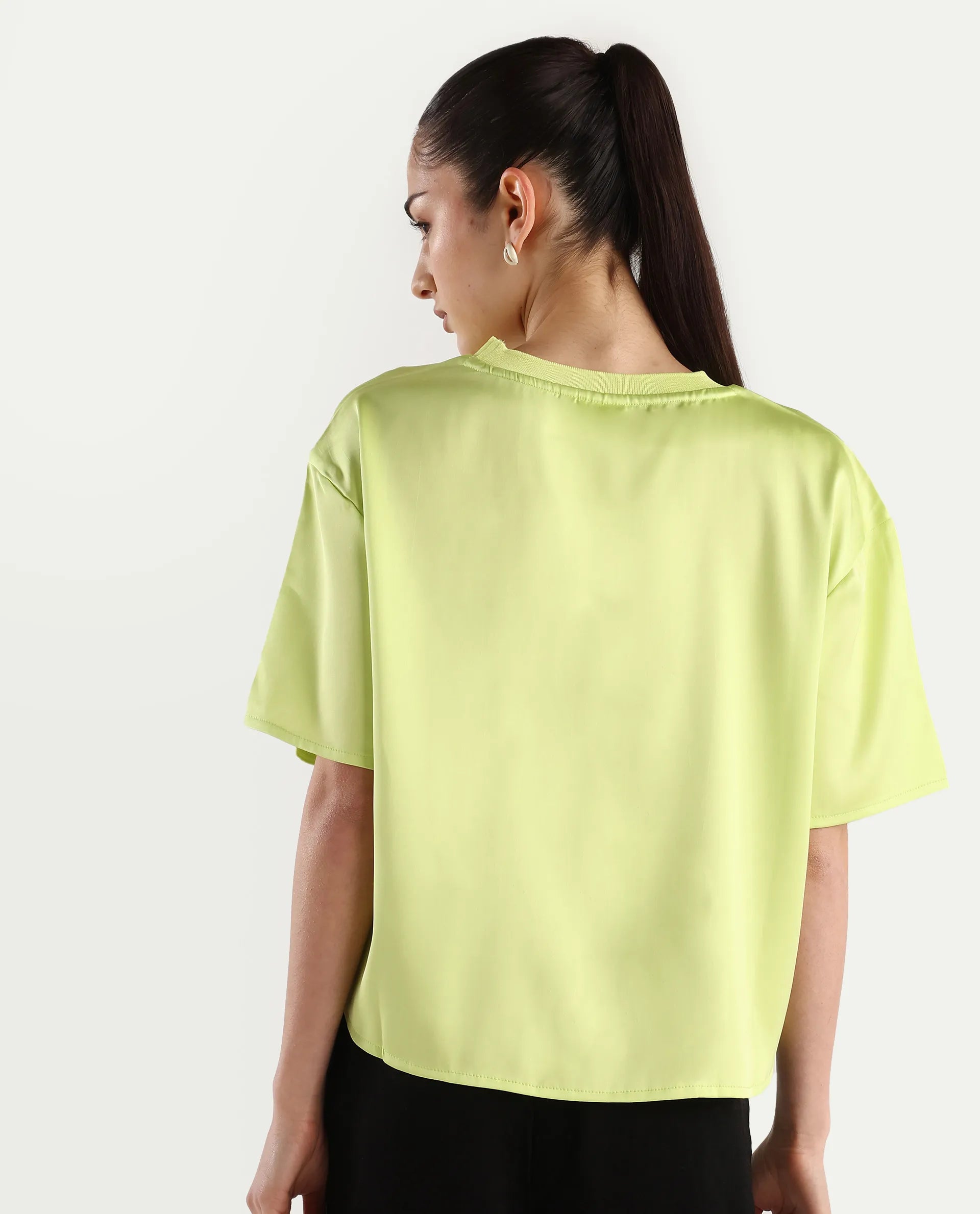 Rareism Women's Akiya Green Polyester Ribbed Collar Plain Boxy Fit Top