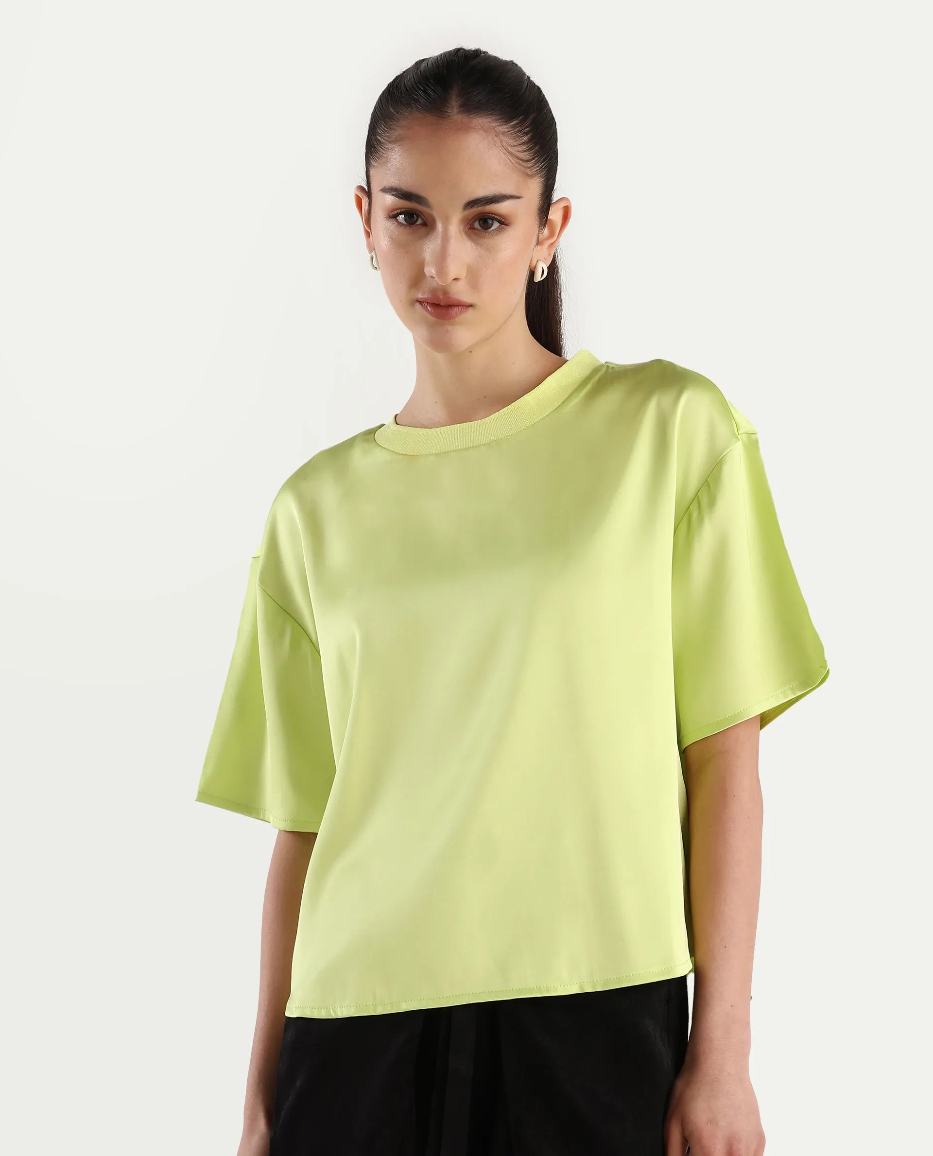 Rareism Women's Akiya Green Polyester Ribbed Collar Plain Boxy Fit Top