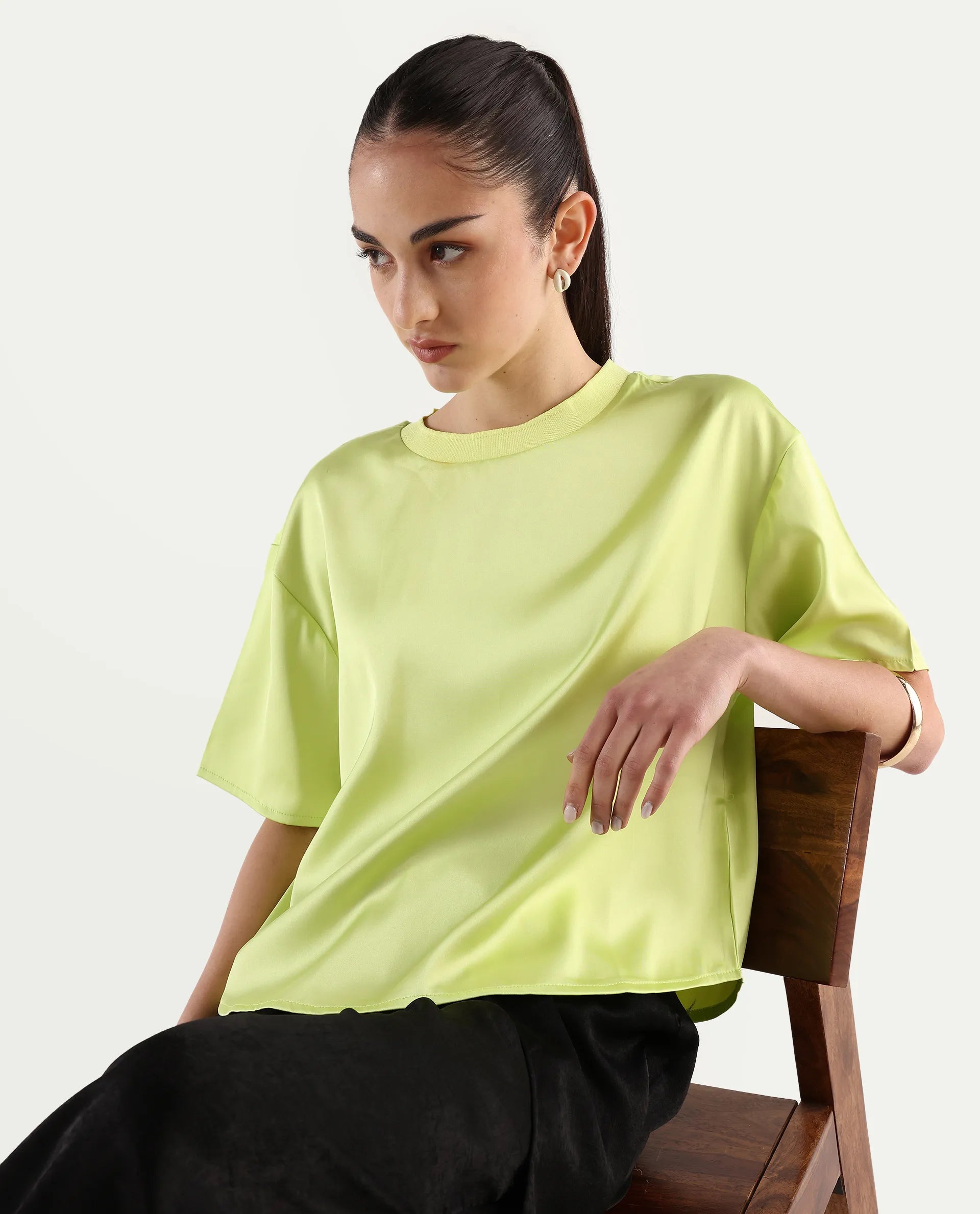 Rareism Women's Akiya Green Polyester Ribbed Collar Plain Boxy Fit Top