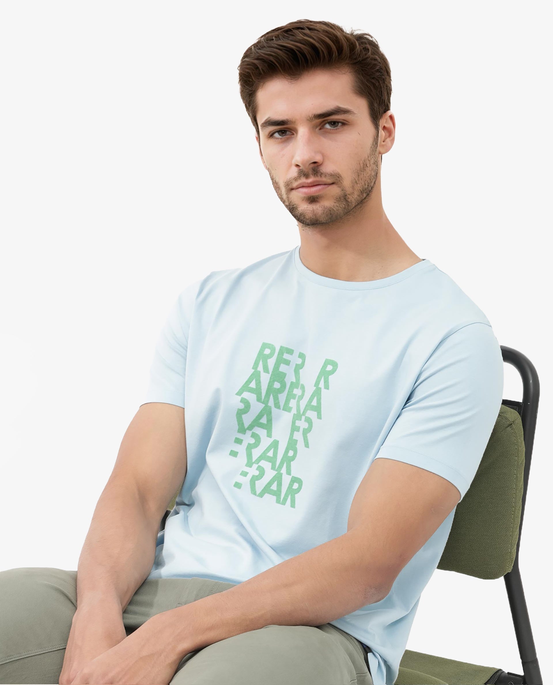 Rare Rabbit Mens Akro Light Blue Cotton Lycra Fabric Half Sleeves Graphic Print T-Shirt