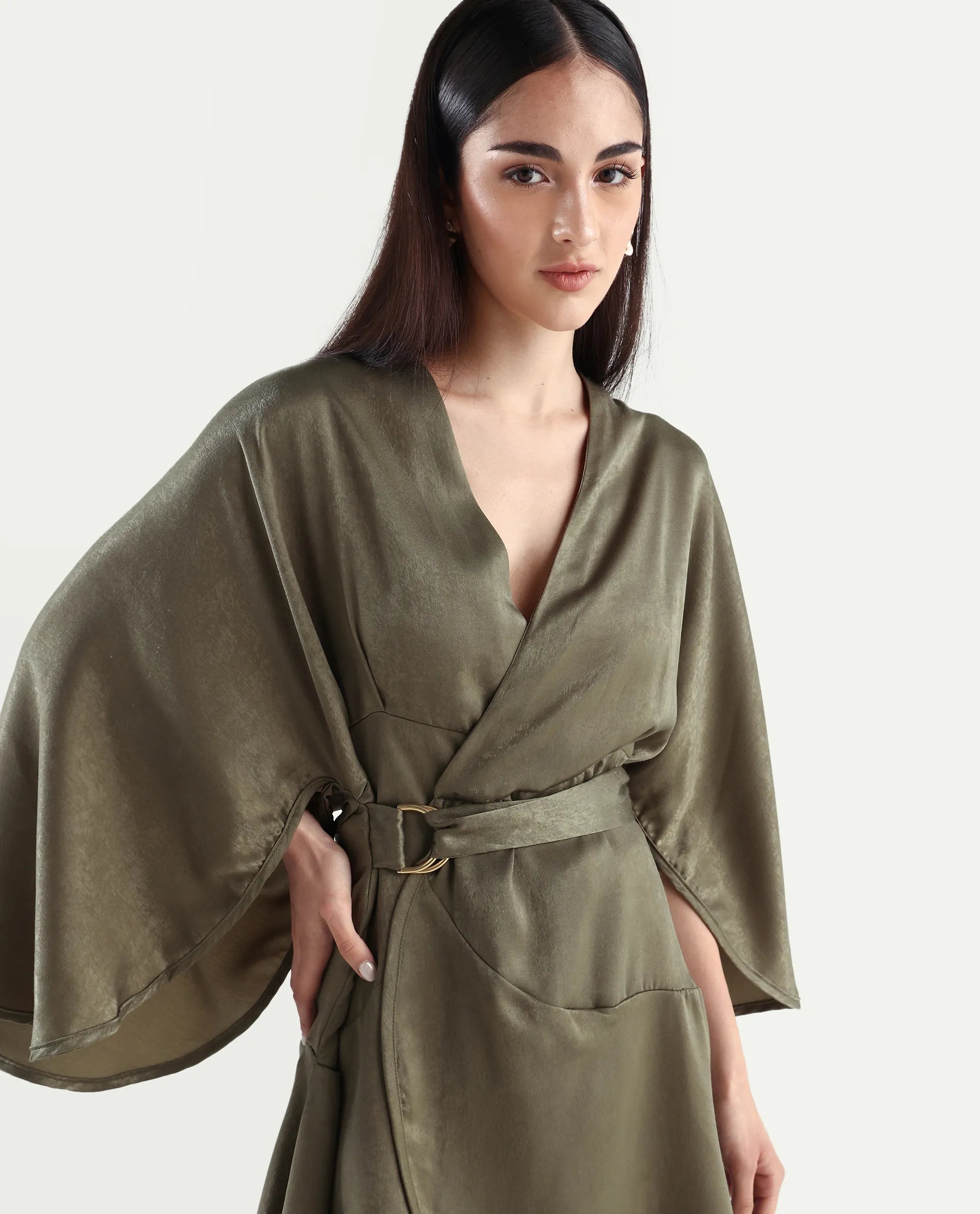 Rareism Women's Alapeno Dark Olive Polyester Overlap Neck Plain Bell Sleeve Mini Fit And Flare Dress