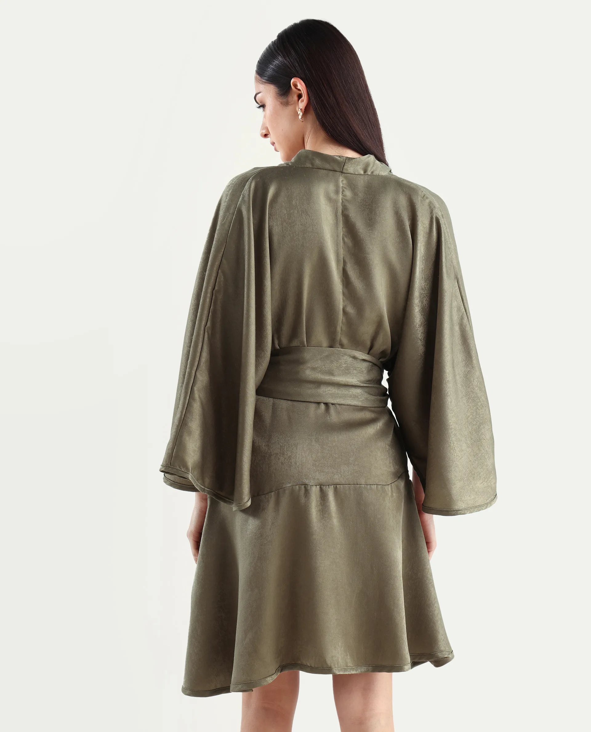 Rareism Women's Alapeno Dark Olive Polyester Overlap Neck Plain Bell Sleeve Mini Fit And Flare Dress