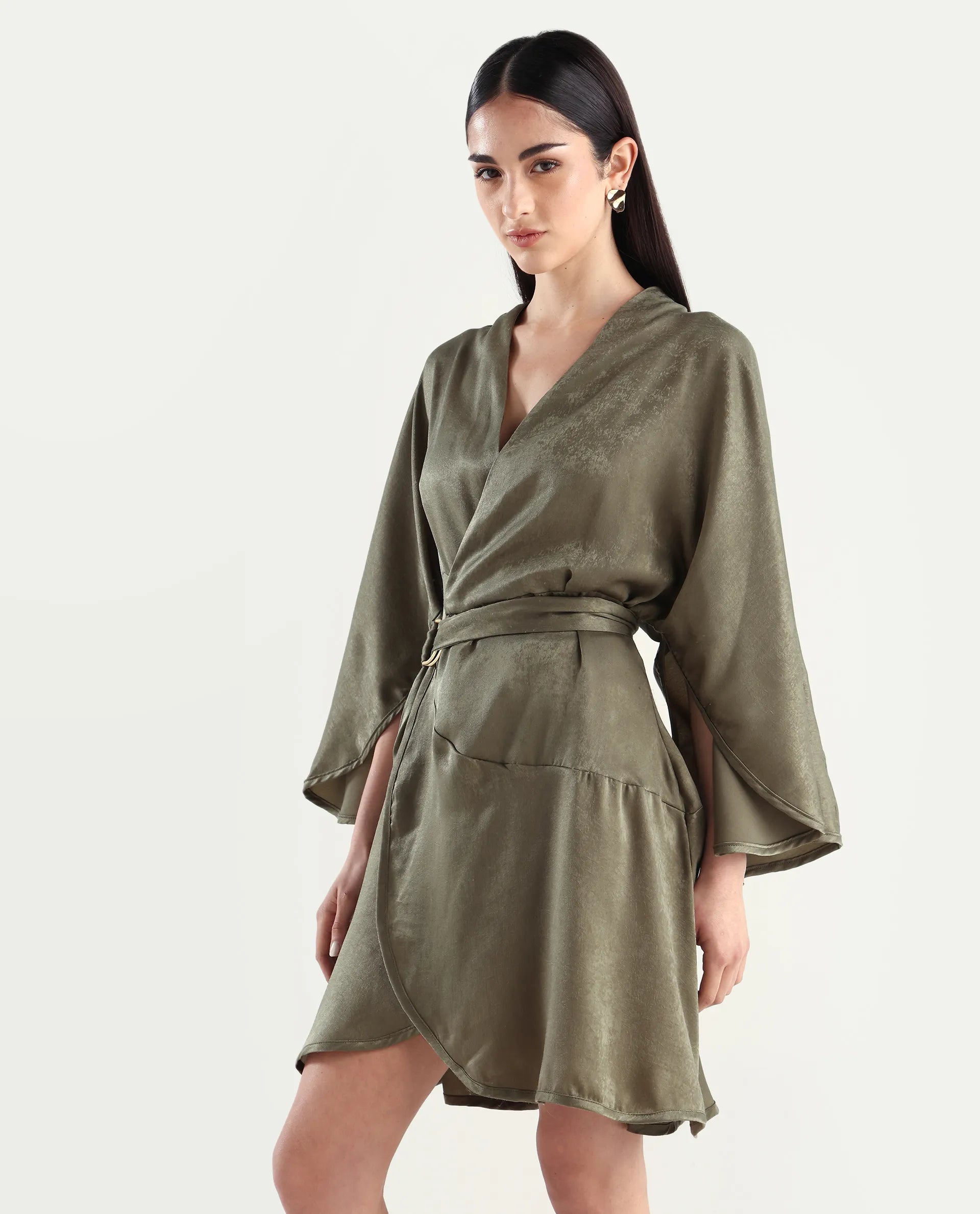 Rareism Women's Alapeno Dark Olive Polyester Overlap Neck Plain Bell Sleeve Mini Fit And Flare Dress