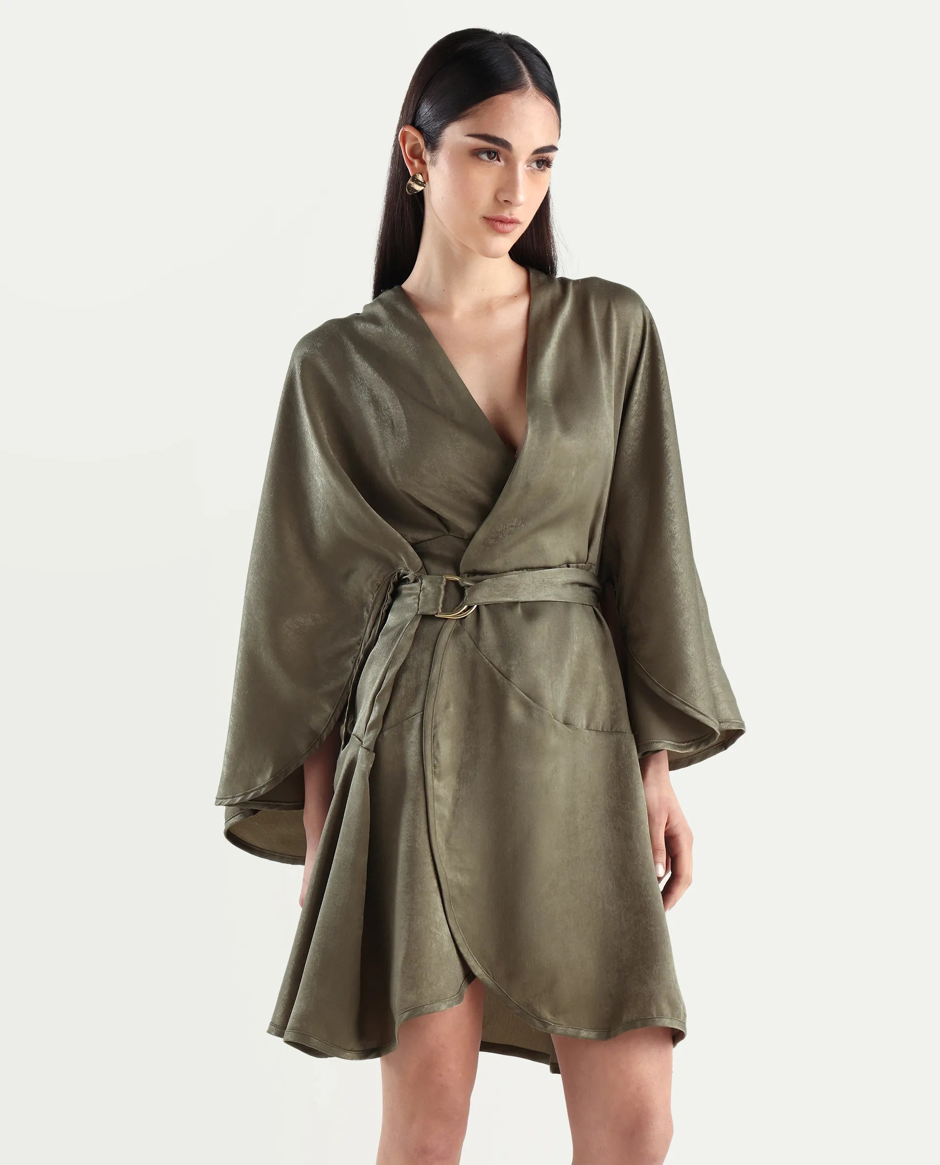 Rareism Women's Alapeno Dark Olive Polyester Overlap Neck Plain Bell Sleeve Mini Fit And Flare Dress