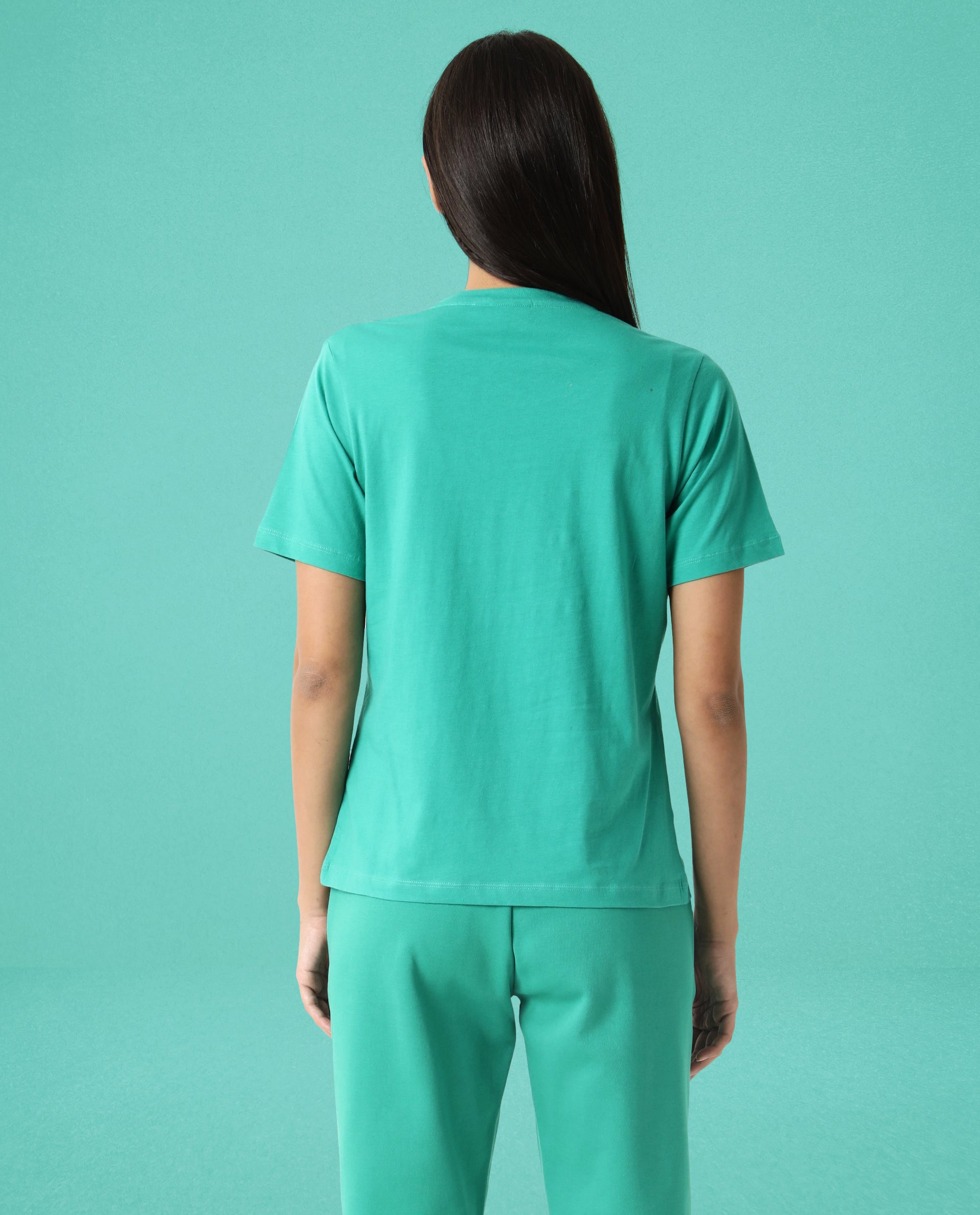 Rareism Women Alcas Green Cotton Blend Fabric Regular Fit Half Sleeves Solid Round Neck T-Shirt