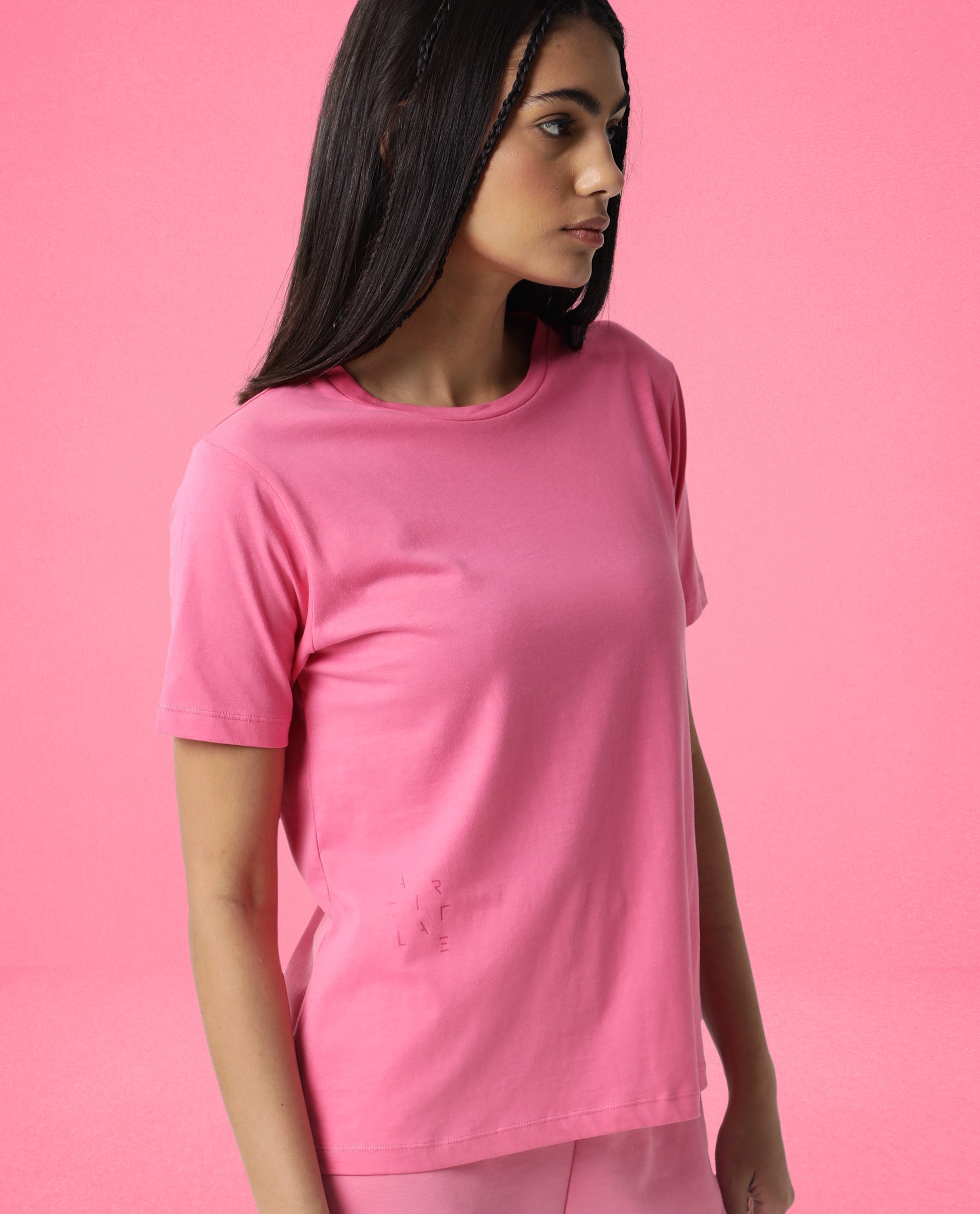 Rareism Women Alcas Flouroscent Pink Cotton Blend Fabric Regular Fit Half Sleeves Solid Round Neck T-Shirt