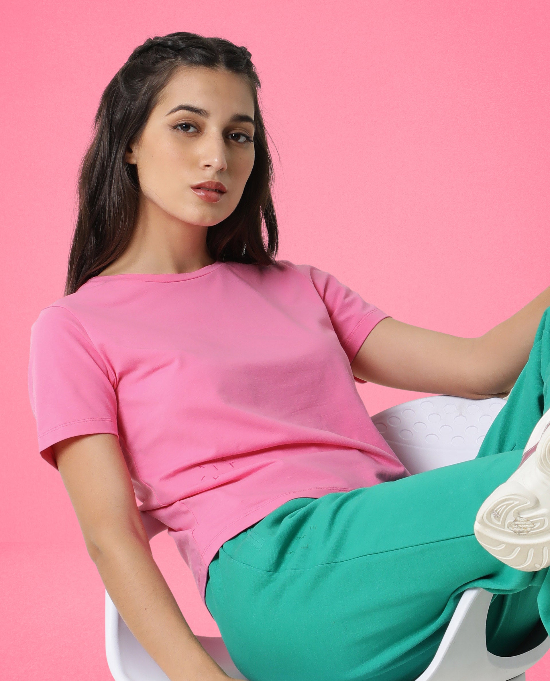 Rareism Women Alcas Flouroscent Pink Cotton Blend Fabric Regular Fit Half Sleeves Solid Round Neck T-Shirt