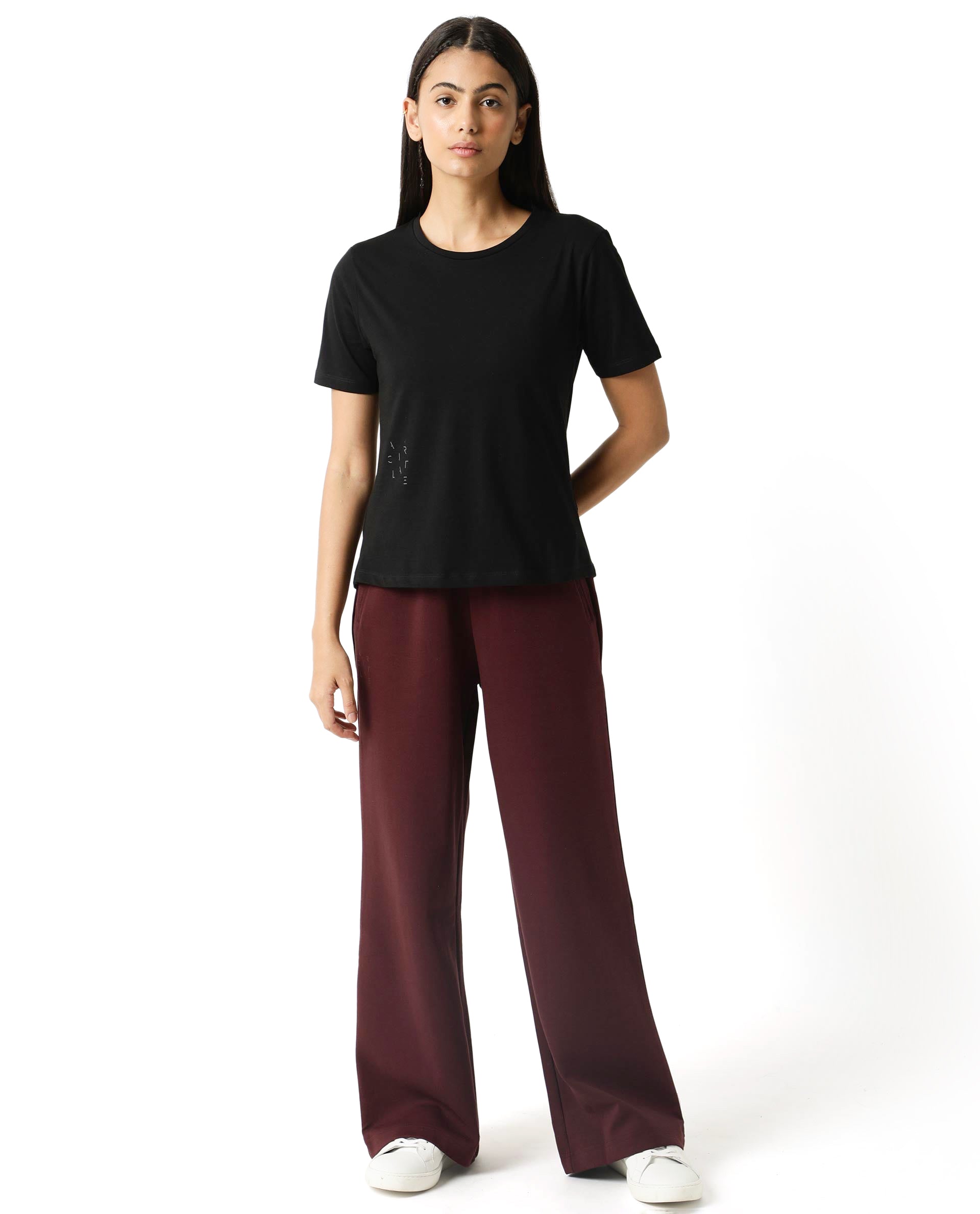 Rareism Women Alcas Black Cotton Blend Fabric Regular Fit Half Sleeves Solid Round Neck T-Shirt