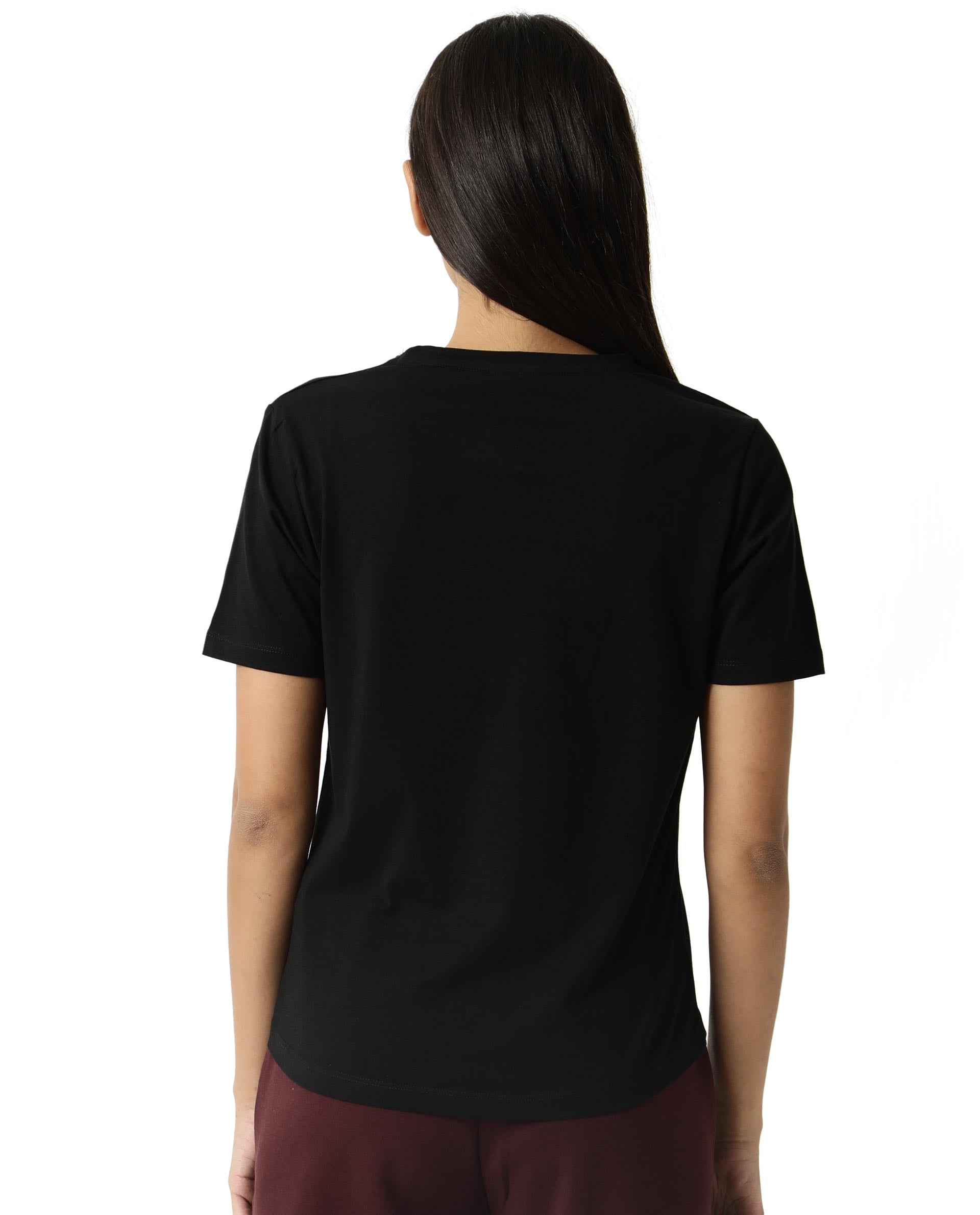 Rareism Women Alcas Black Cotton Blend Fabric Regular Fit Half Sleeves Solid Round Neck T-Shirt