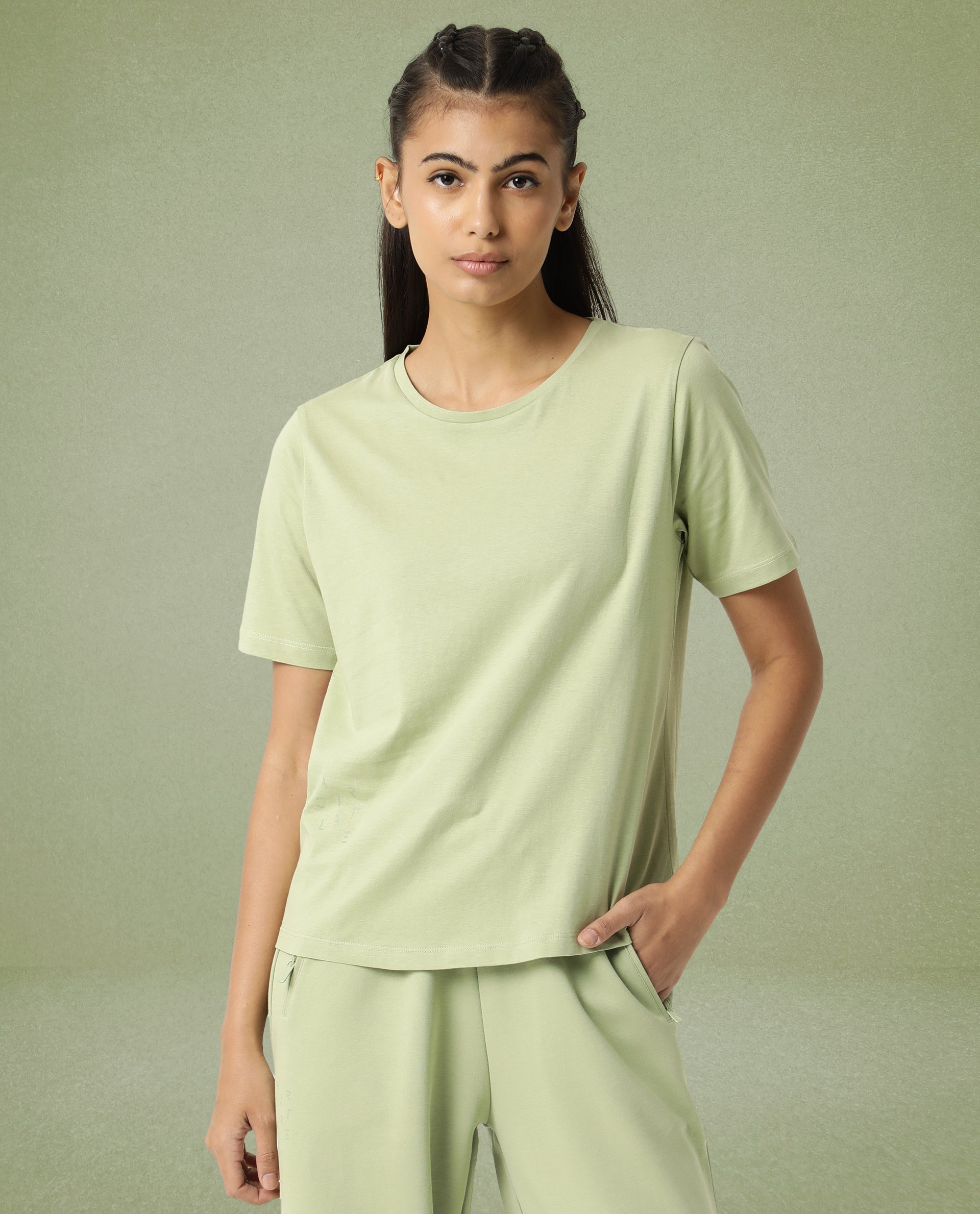 Rareism Women Alcas Light Green Cotton Blend Fabric Regular Fit Half Sleeves Solid Round Neck T-Shirt