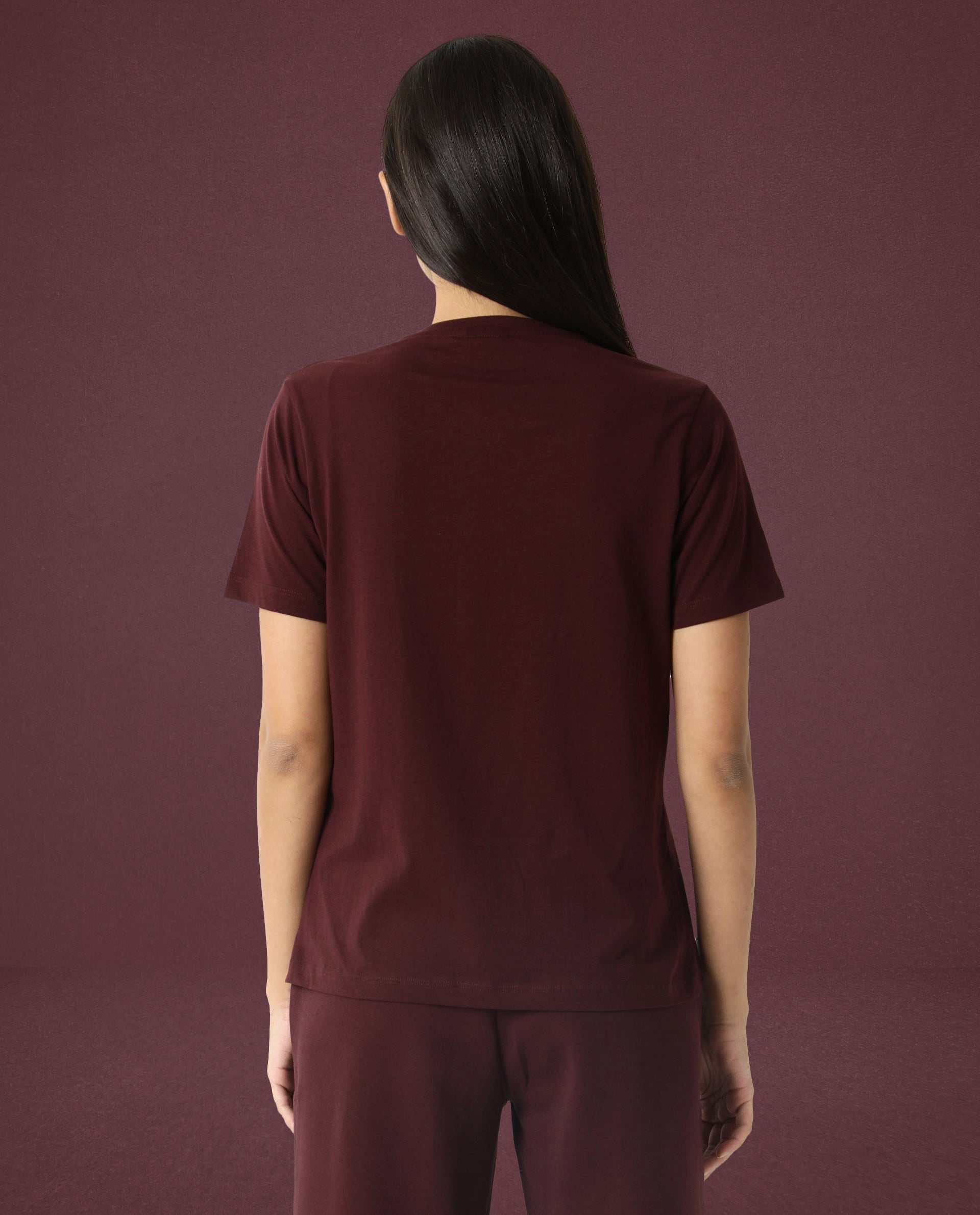 Rareism Women Alcas Maroon Cotton Blend Fabric Regular Fit Half Sleeves Solid Round Neck T-Shirt