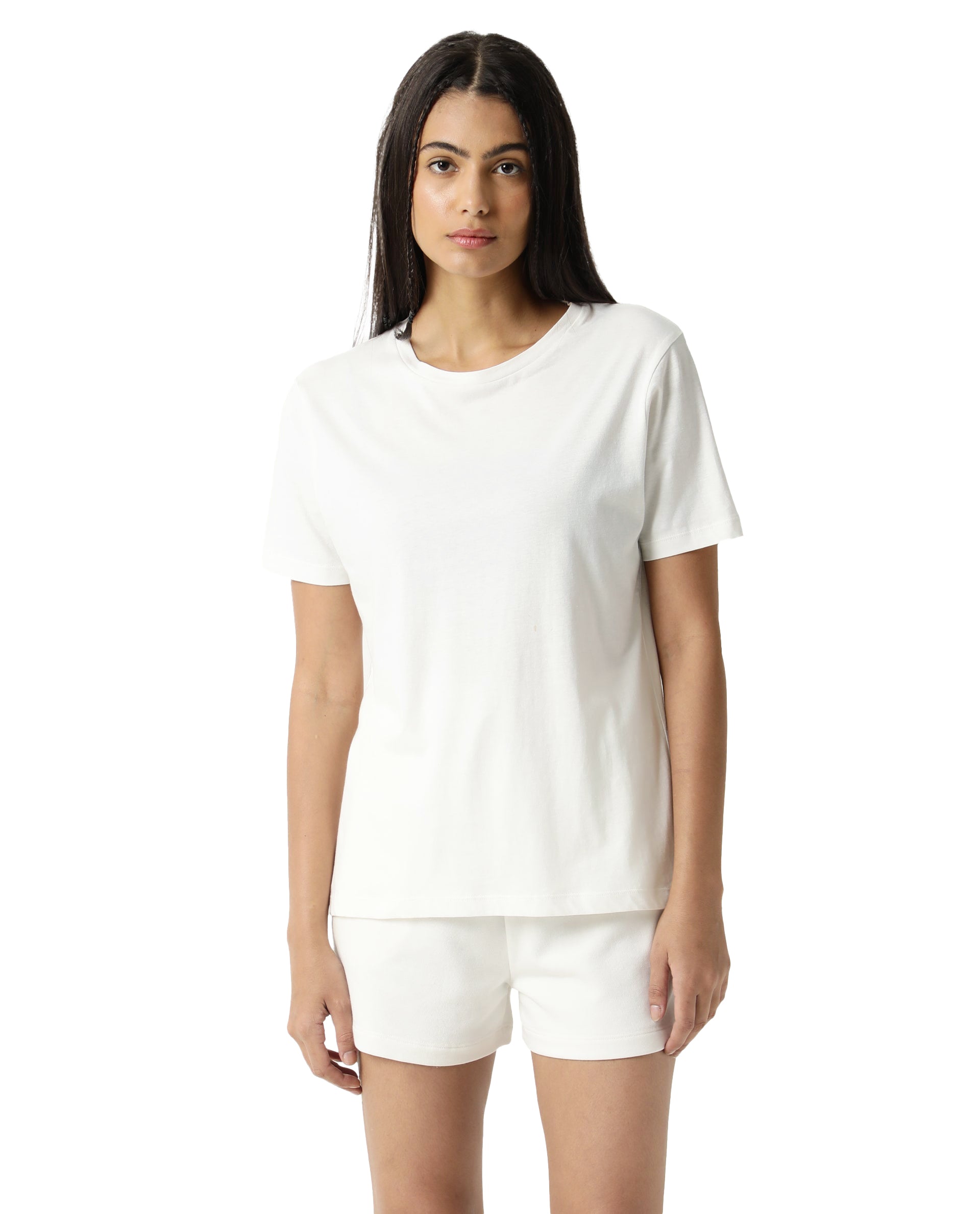 Rareism Women Alcas Off White Cotton Blend Fabric Regular Fit Half Sleeves Solid Round Neck T-Shirt