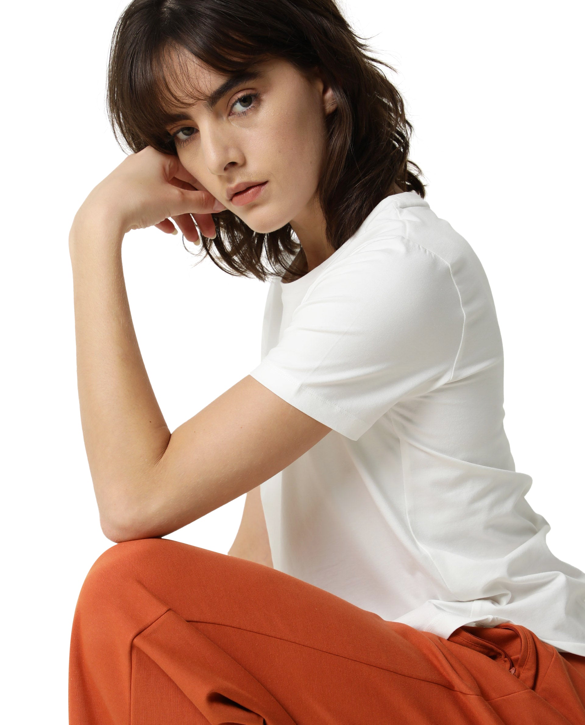 Rareism Women Alcas Off White Cotton Blend Fabric Regular Fit Half Sleeves Solid Round Neck T-Shirt