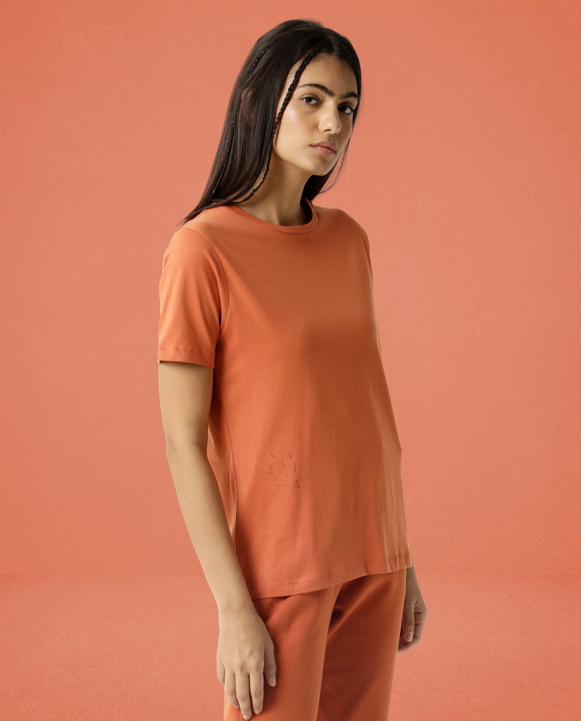 Rareism Women Alcas Orange Cotton Blend Fabric Regular Fit Half Sleeves Solid Round Neck T-Shirt