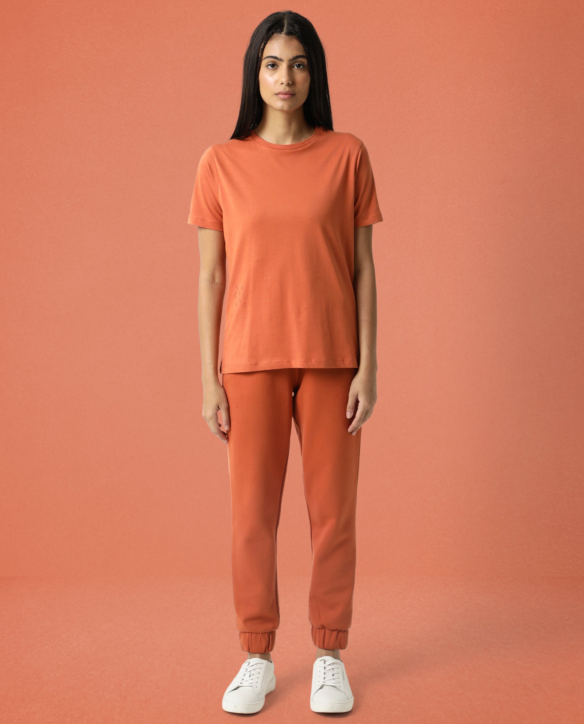 Rareism Women Alcas Orange Cotton Blend Fabric Regular Fit Half Sleeves Solid Round Neck T-Shirt