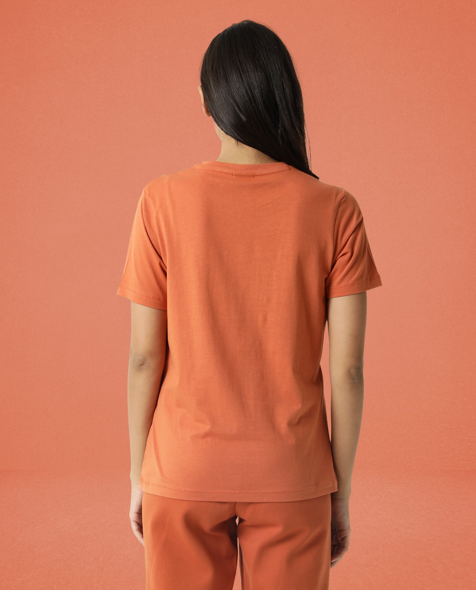 Rareism Women Alcas Orange Cotton Blend Fabric Regular Fit Half Sleeves Solid Round Neck T-Shirt