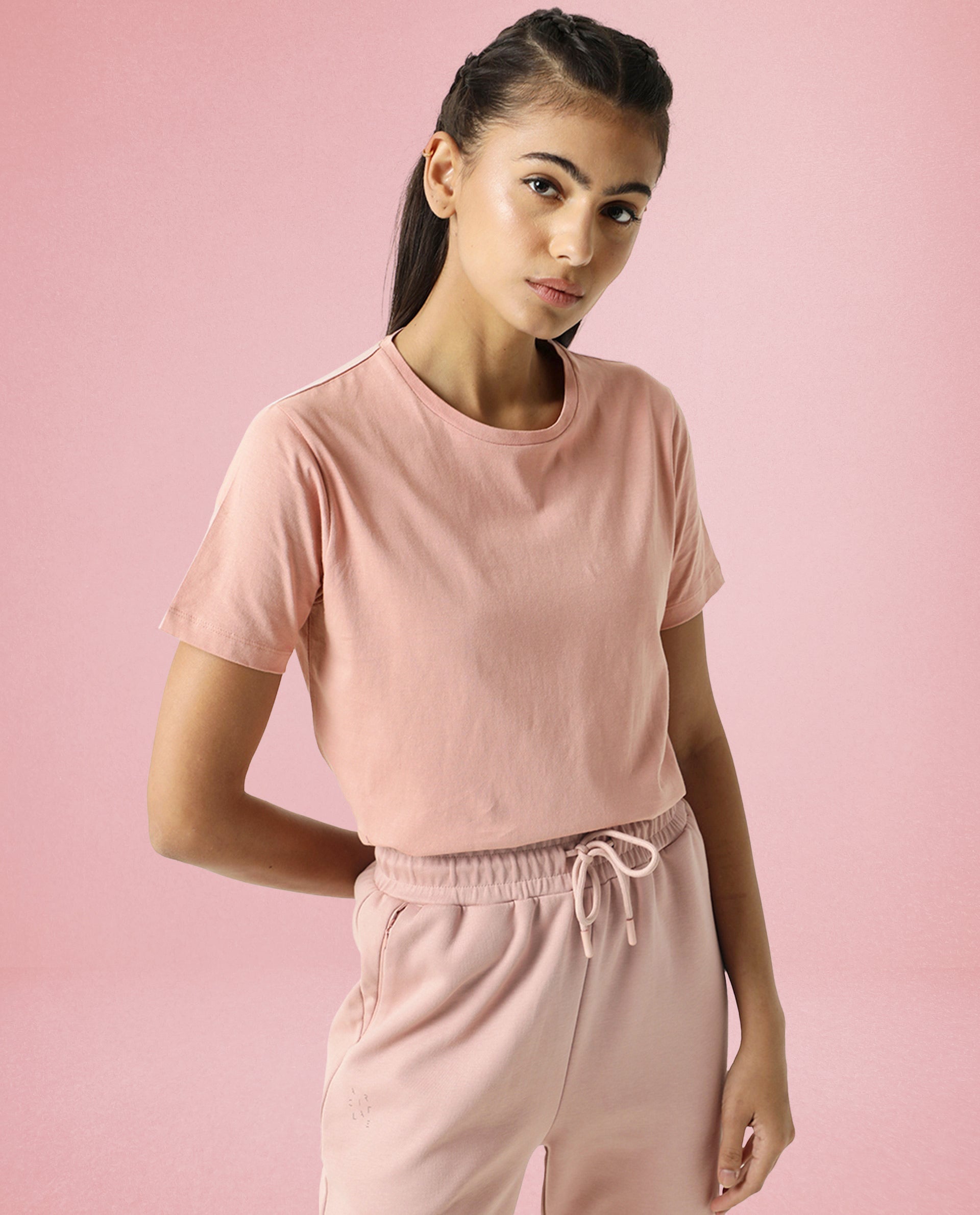 Rareism Women Alcas Dusky Pink Cotton Blend Fabric Regular Fit Half Sleeves Solid Round Neck T-Shirt