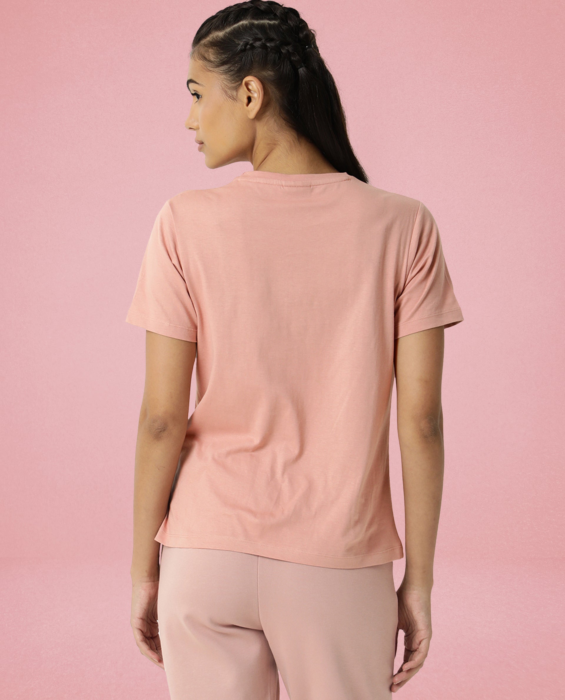 Rareism Women Alcas Dusky Pink Cotton Blend Fabric Regular Fit Half Sleeves Solid Round Neck T-Shirt