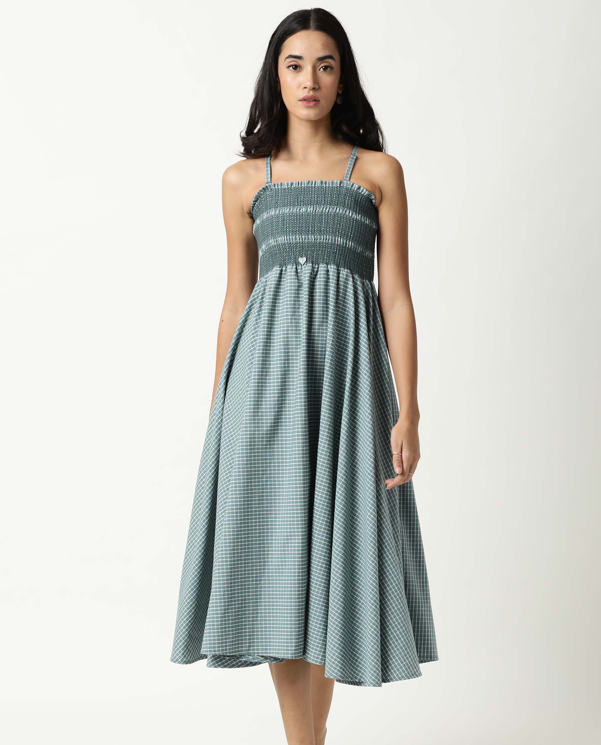 Rareism Womens Ald Green Dress Cotton Linen Fabric Regular Fit Sleeveless Square Neck