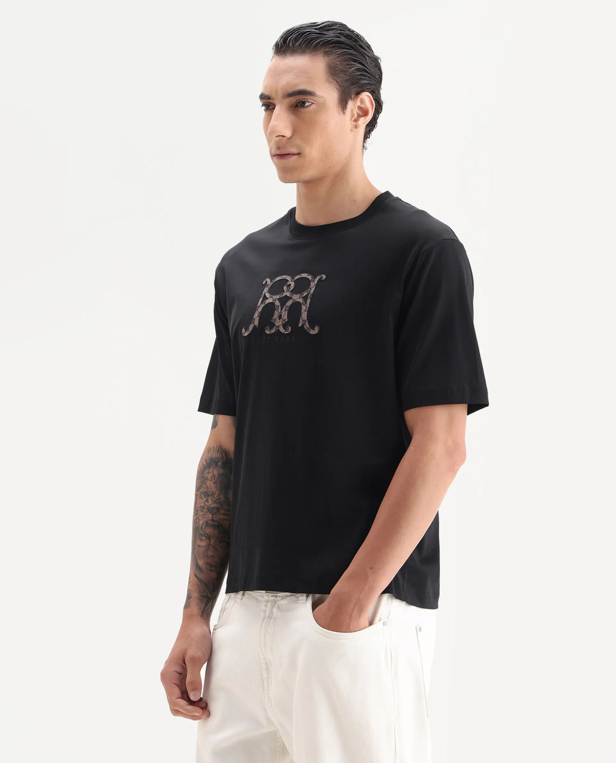 Rare Rabbit Men's Alec Black Cotton Fabric Short Sleeve Crew Neck Graphic Print T-Shirt